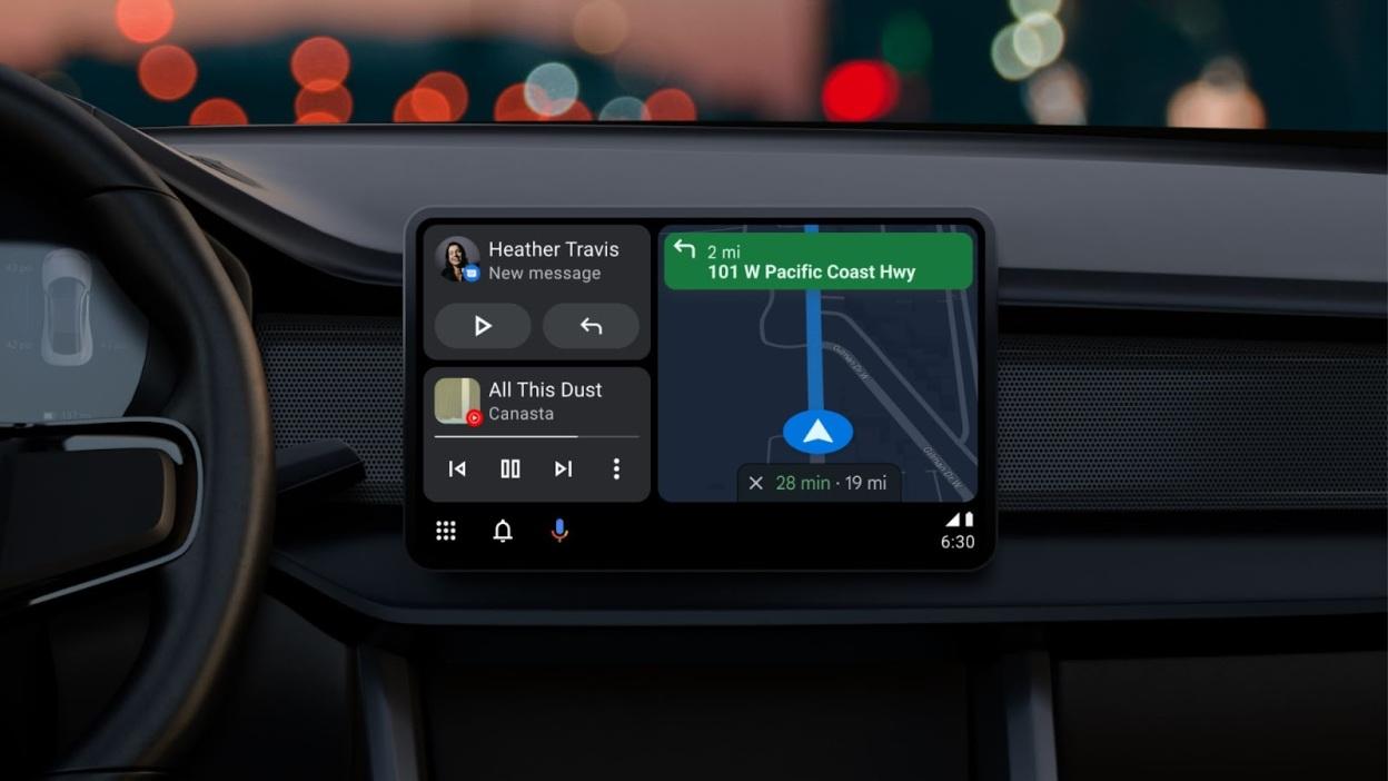 android auto on a car screen showing google maps, music and messages