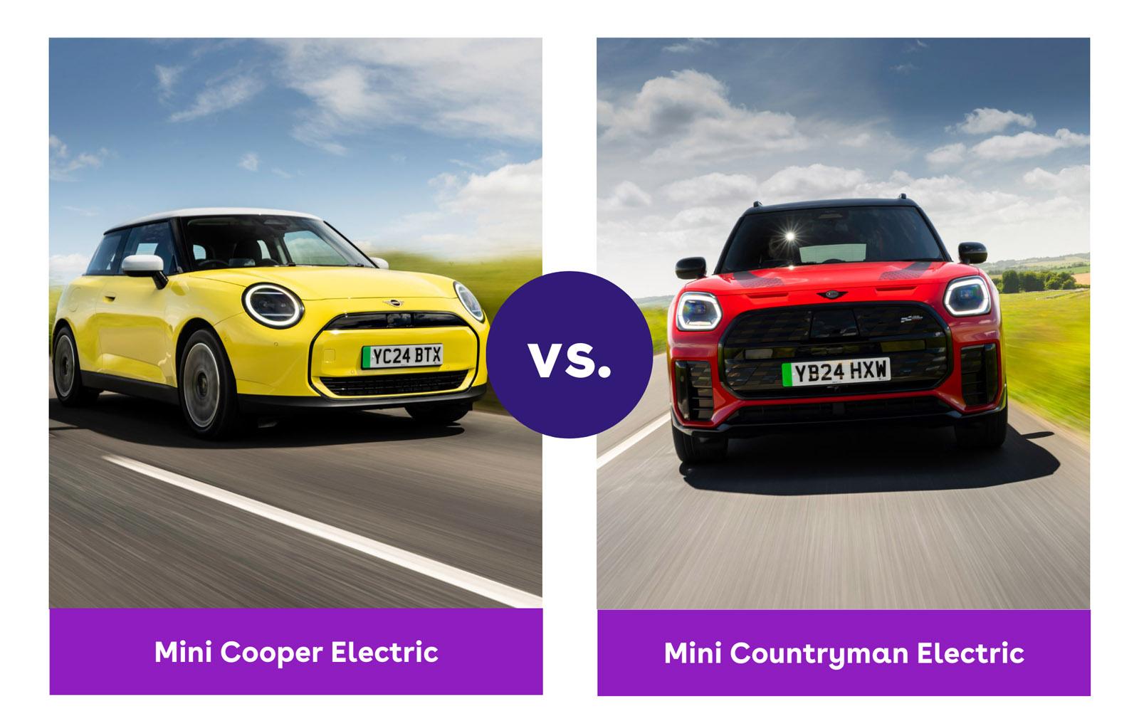 a yellow mini cooper electric and a red mini countryman electric fronts