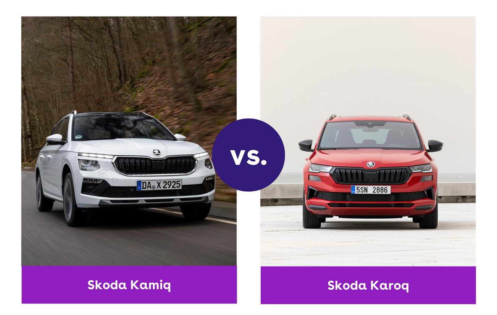 a white skoda kamiq driving and a red karoq