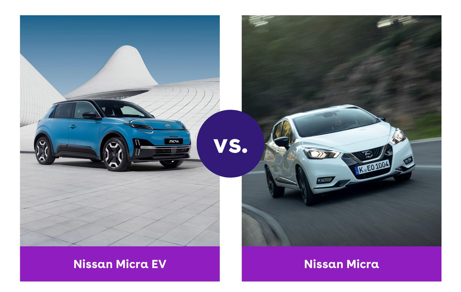 A blue Nissan Micra EV and an old Micra driving