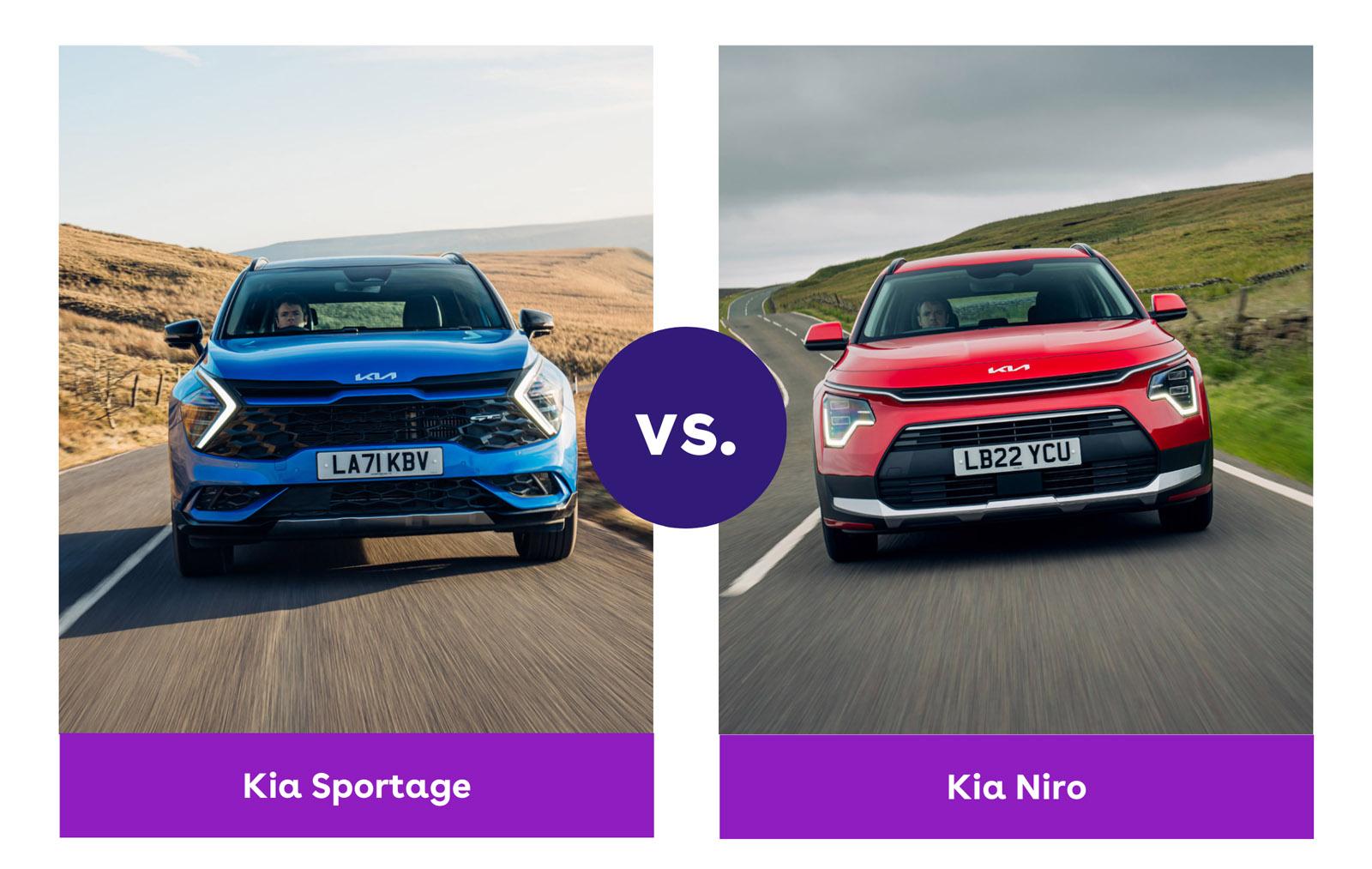 a blue kia sportage and red kia niro driving towards the camera