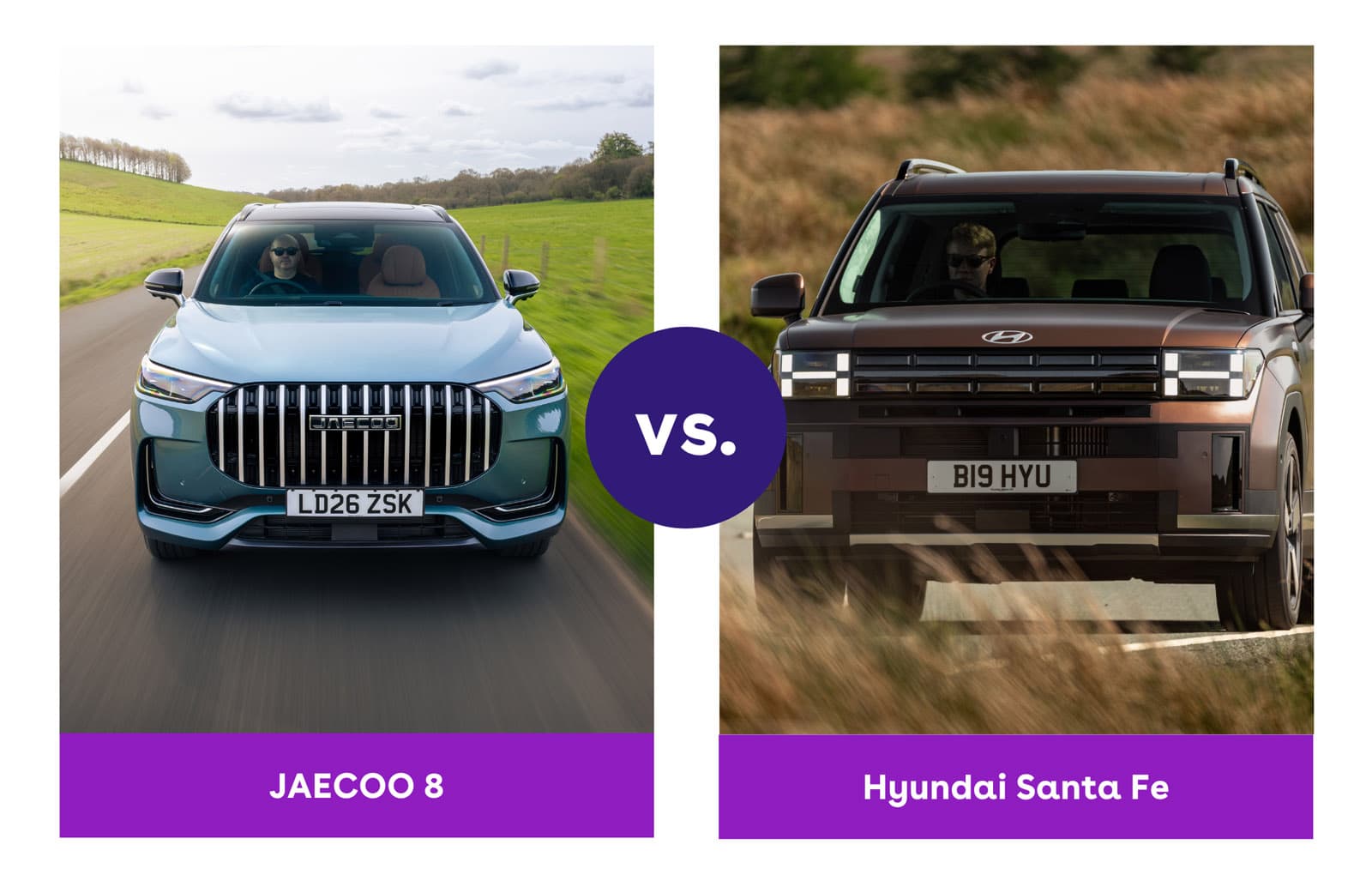 A side-by-side comparison of the Jaecoo 8 and Hyundai Santa Fe, each driving on a road with a scenic background.