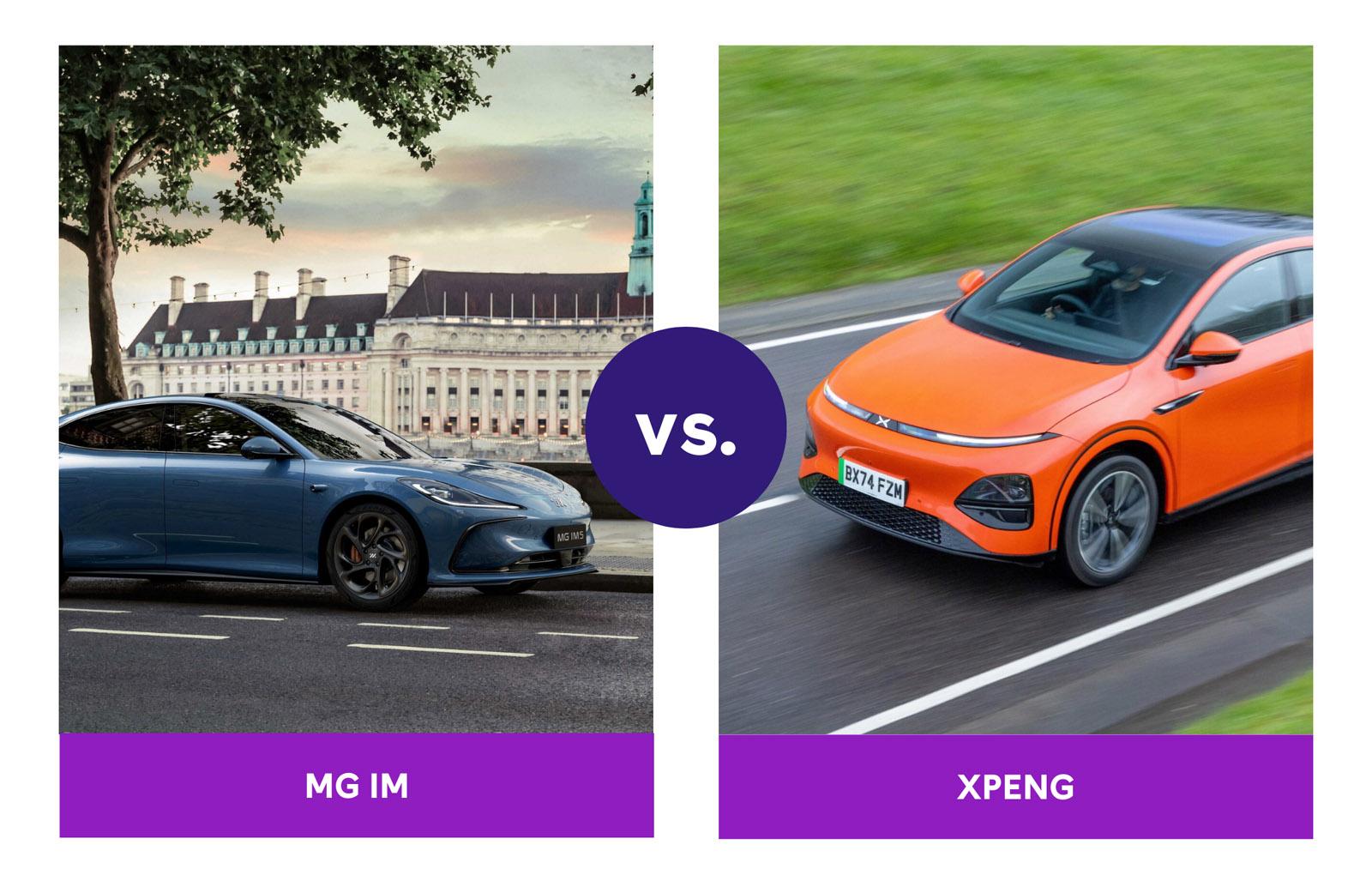 Split image of a blue MG IM car and an orange XPENG car in motion, with "vs." labeled in the center.