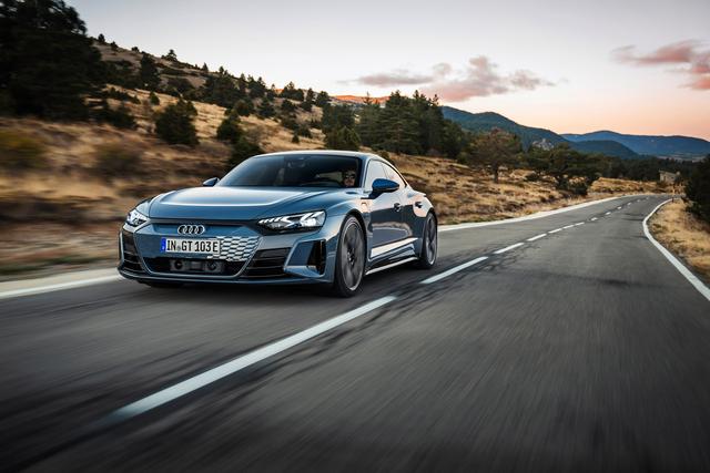 Audi e-tron GT front driving on a road