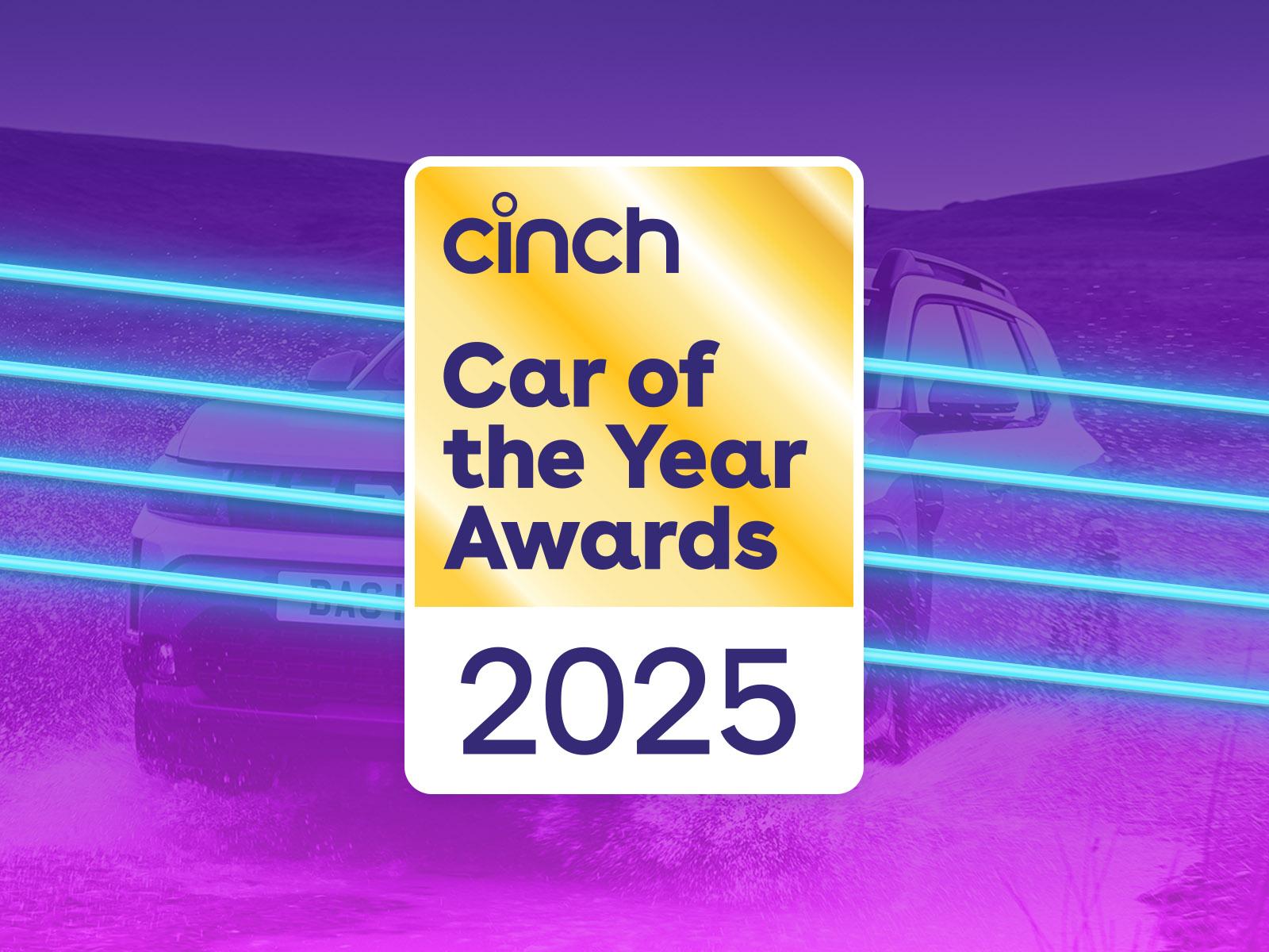 "cinch Car of the Year Awards 2025" text over a background of a car driving through water, accented with blue neon lines.