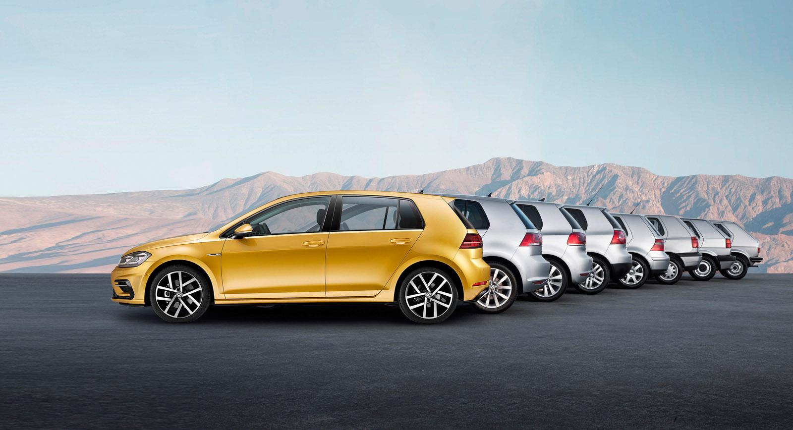 A lineup of the first seven generations of VW Golf