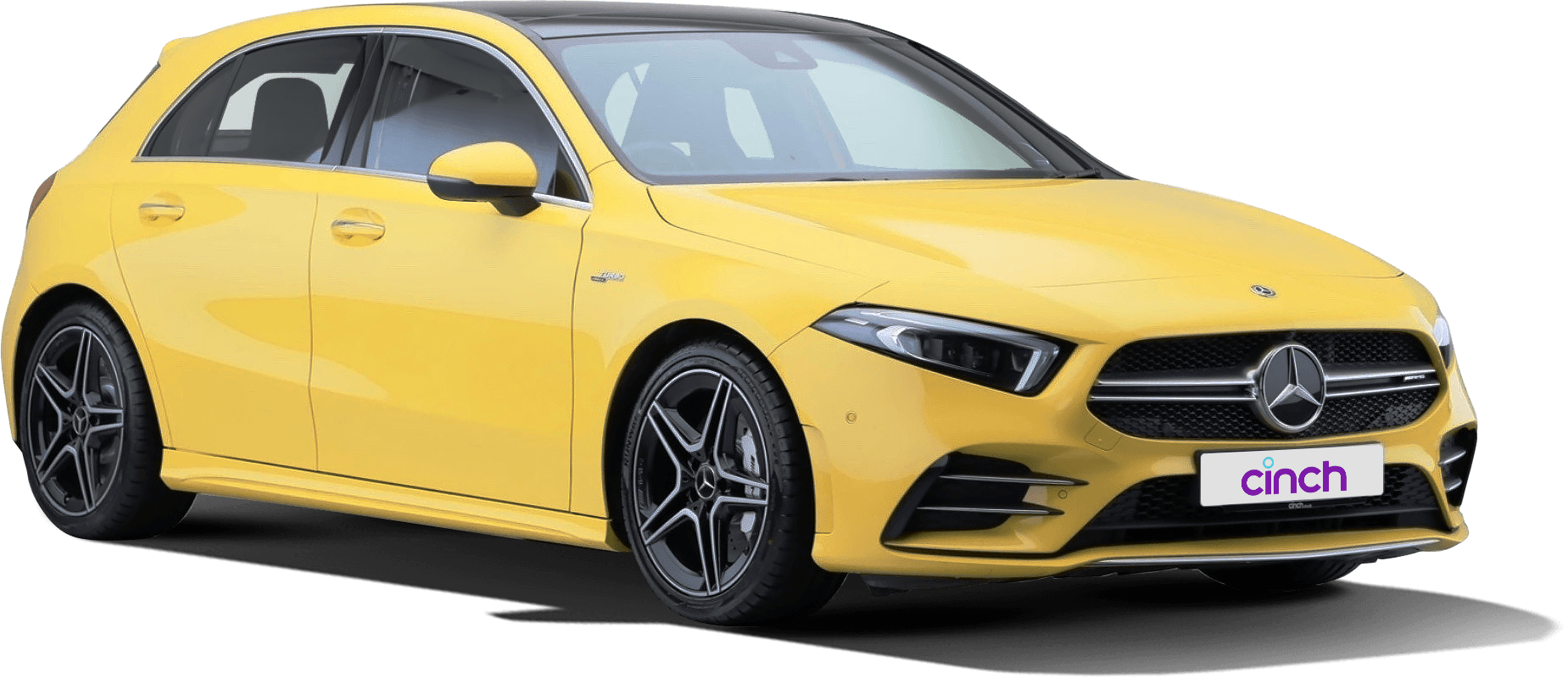 A yellow Mercedes A-Class facing the right