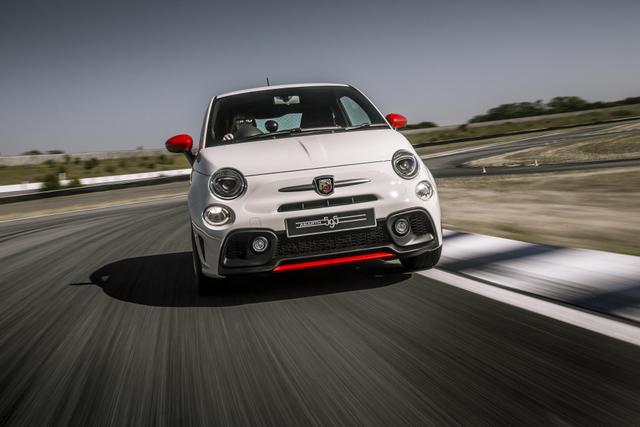 Abarth 595 on track close up of front