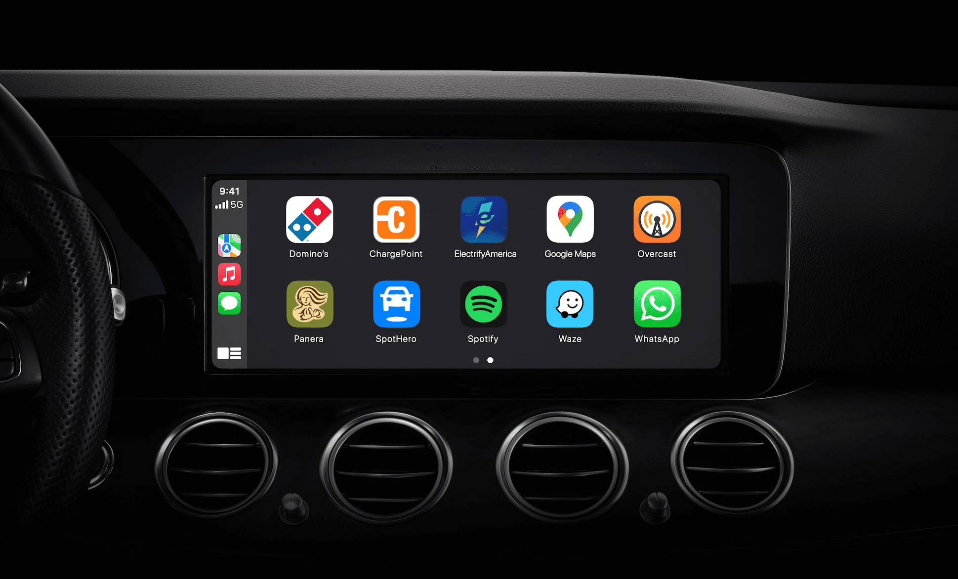 a car with apple carplay showing available apps, time and iPhone signal