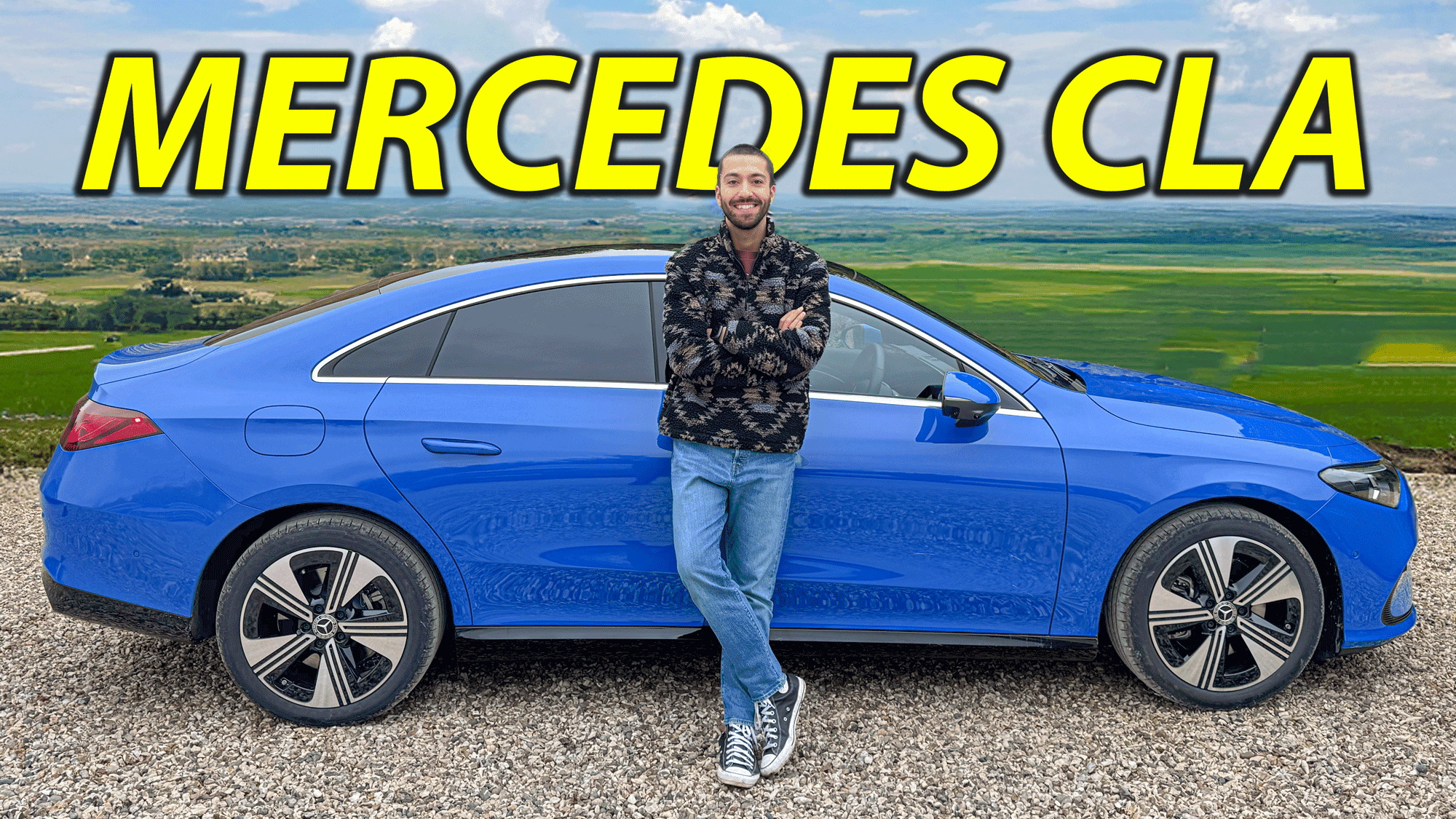 Blue Mercedes CLA and Sam Sheehan