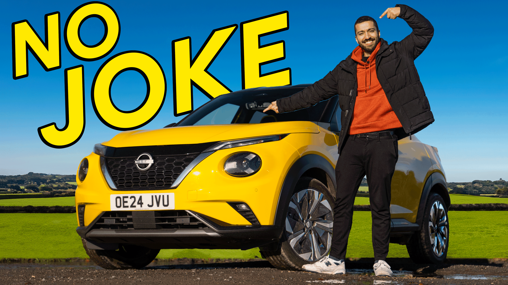 Yellow Nissan Juke and Sam Sheehan