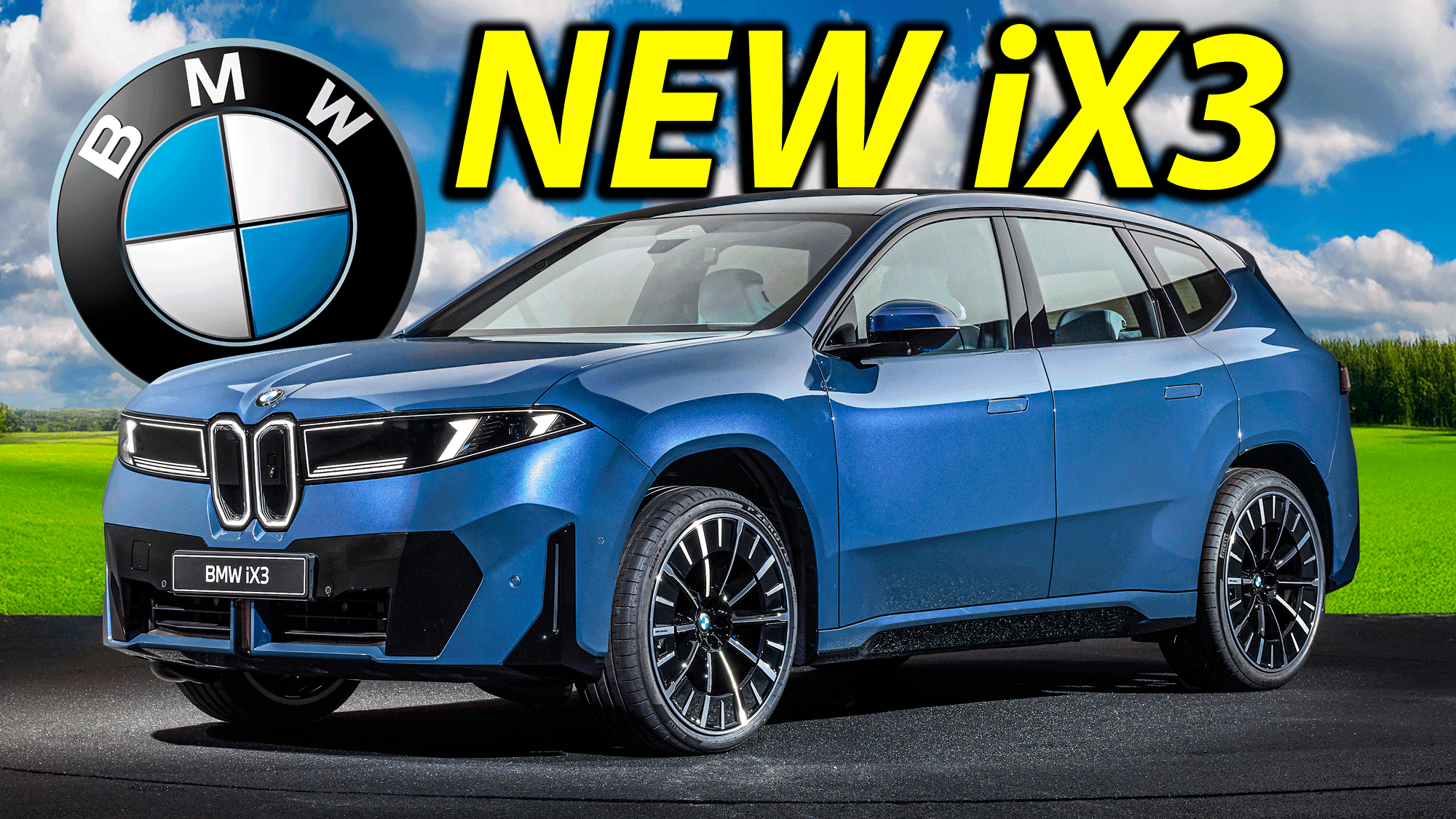 Blue BMW iX3 with a large BMW badge