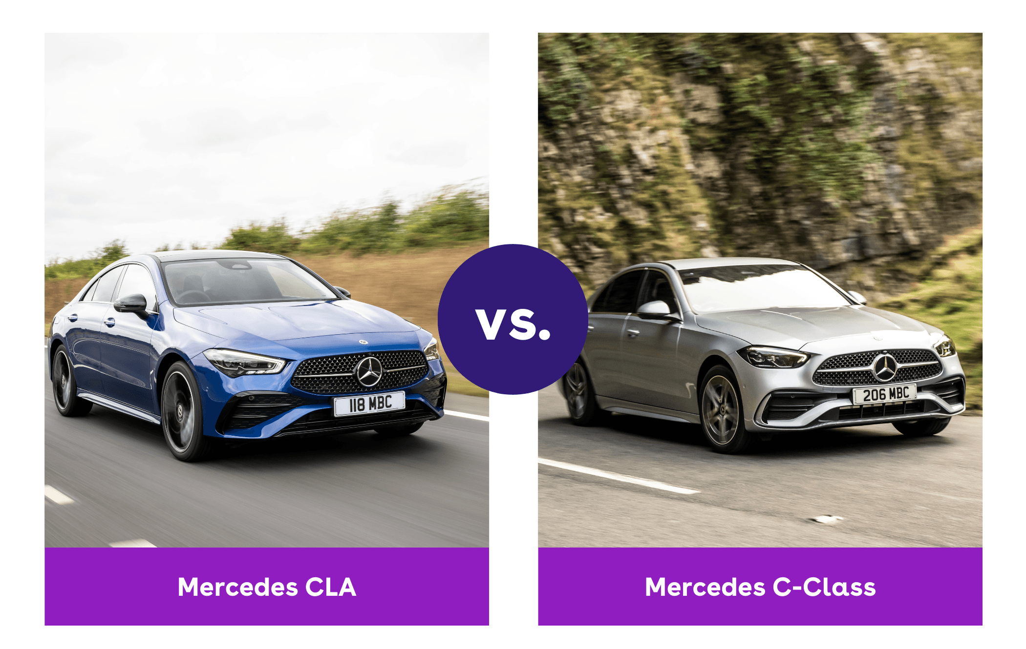 Side-by-side view of Mercedes CLA and Mercedes C-Class driving