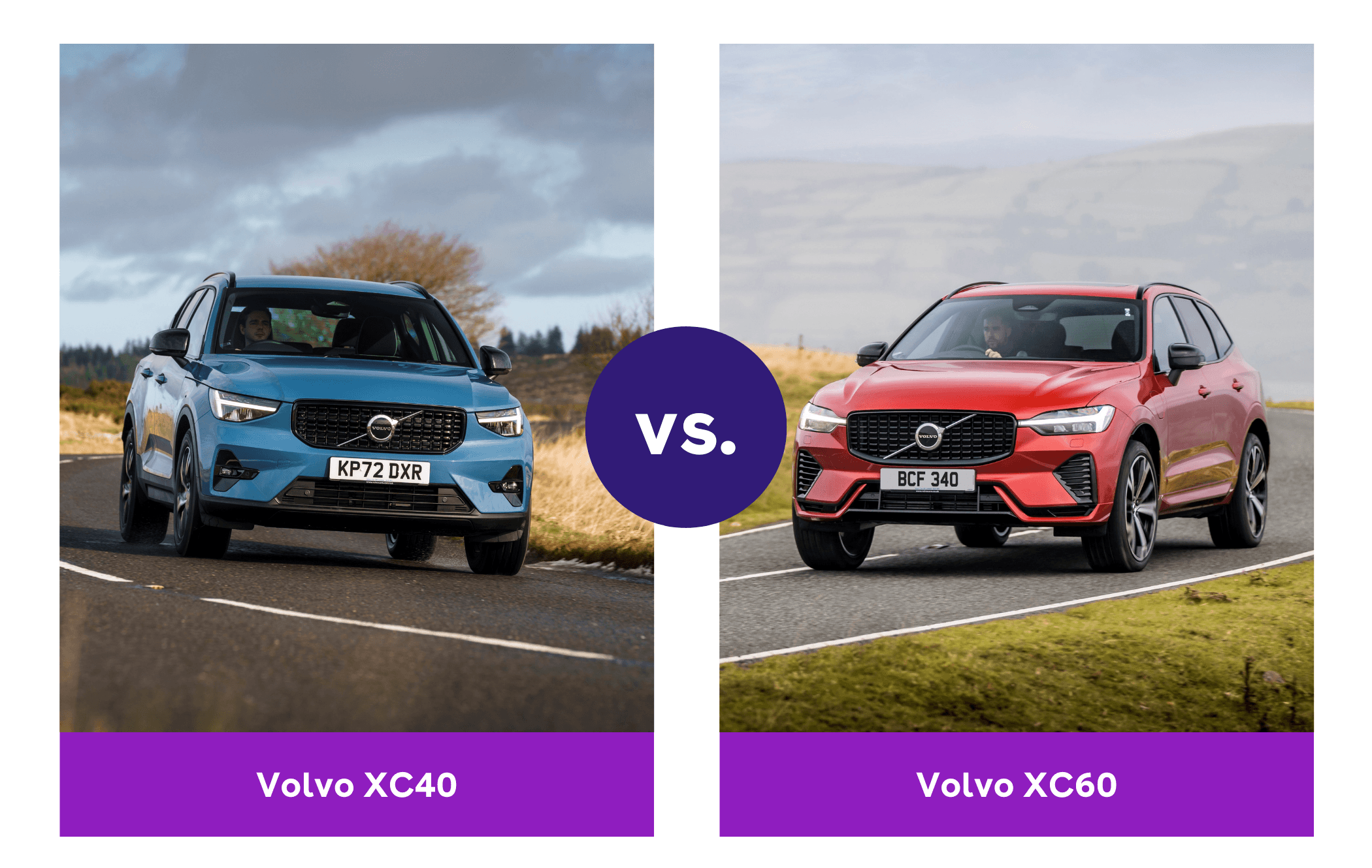Side-by-side view of blue Volvo XC40 and red Volvo XC60 driving