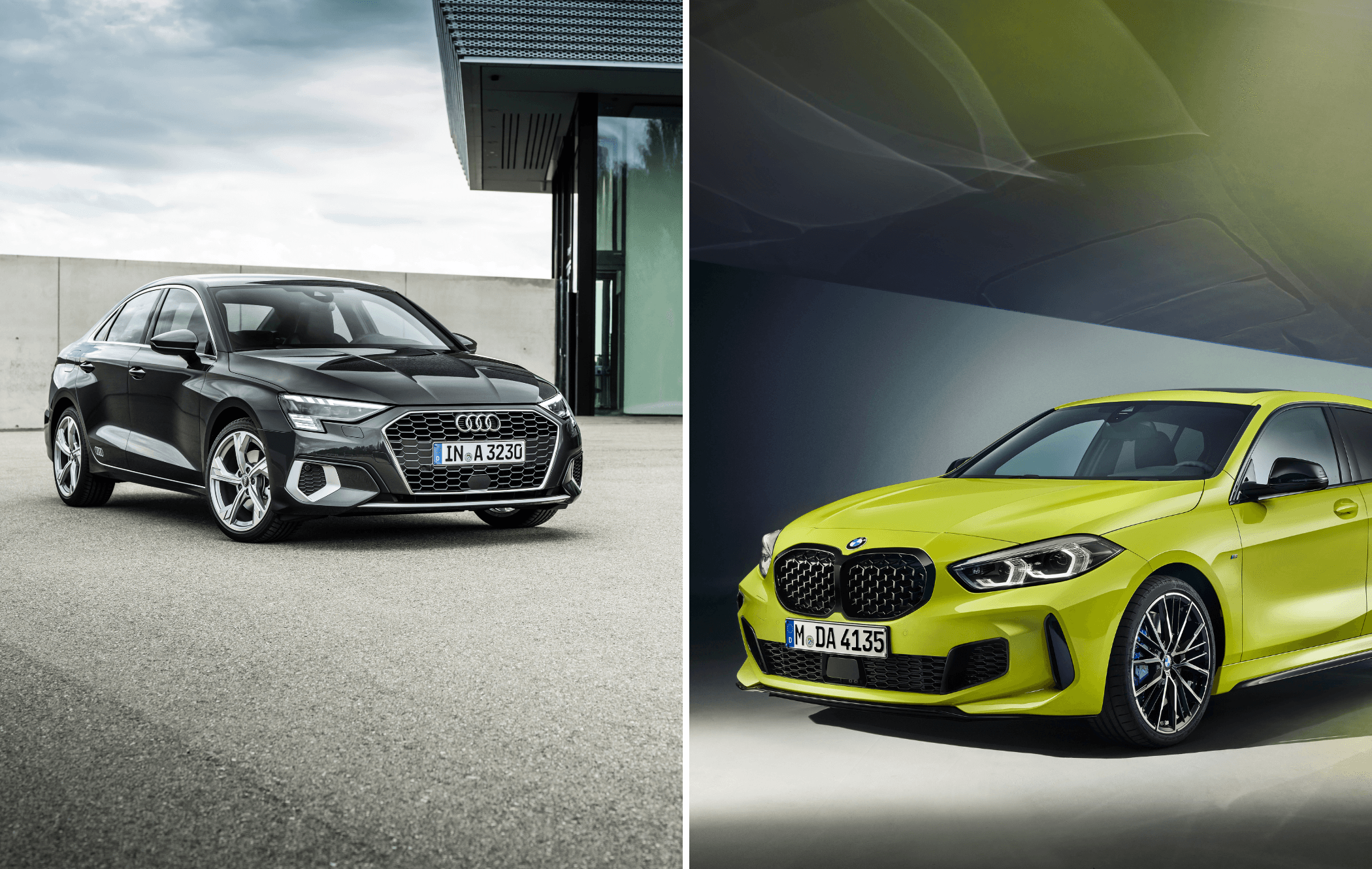 on the left is a black audi a3 and on the right is a yellow bmw 1 series