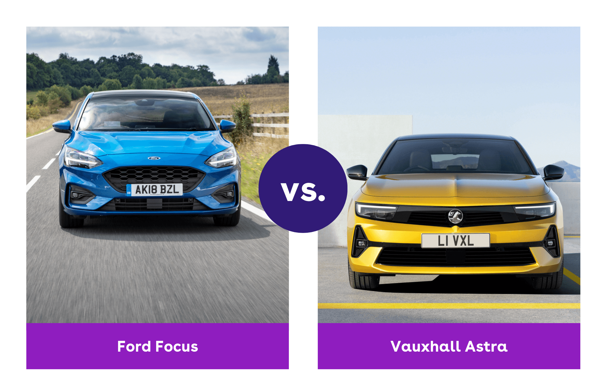 on the left is a Ford Focus and on the right is a Vauxhall Astra, both driving on a road