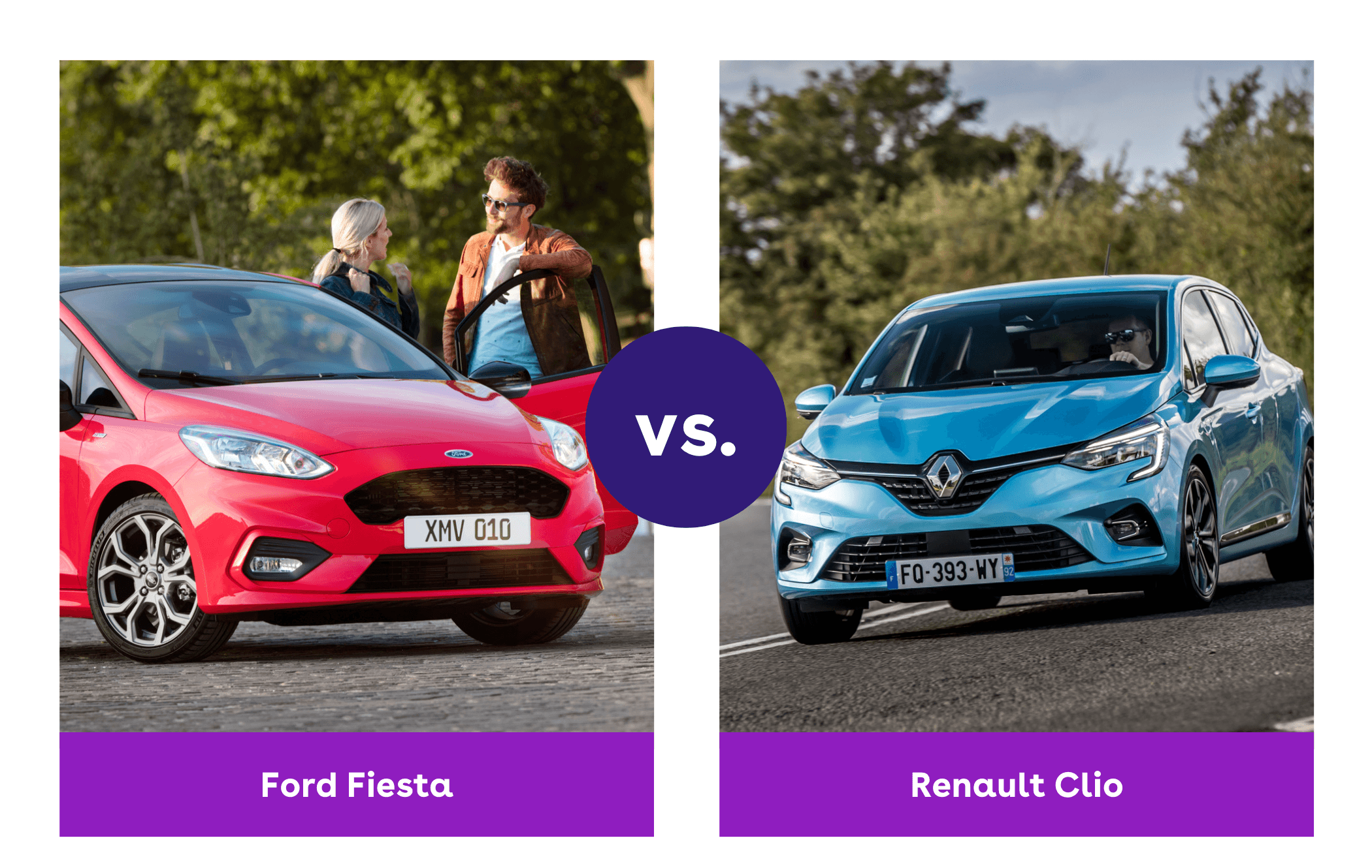 on the left is a red Ford Fiesta and on the right is a blue Renault Clio driving on a road