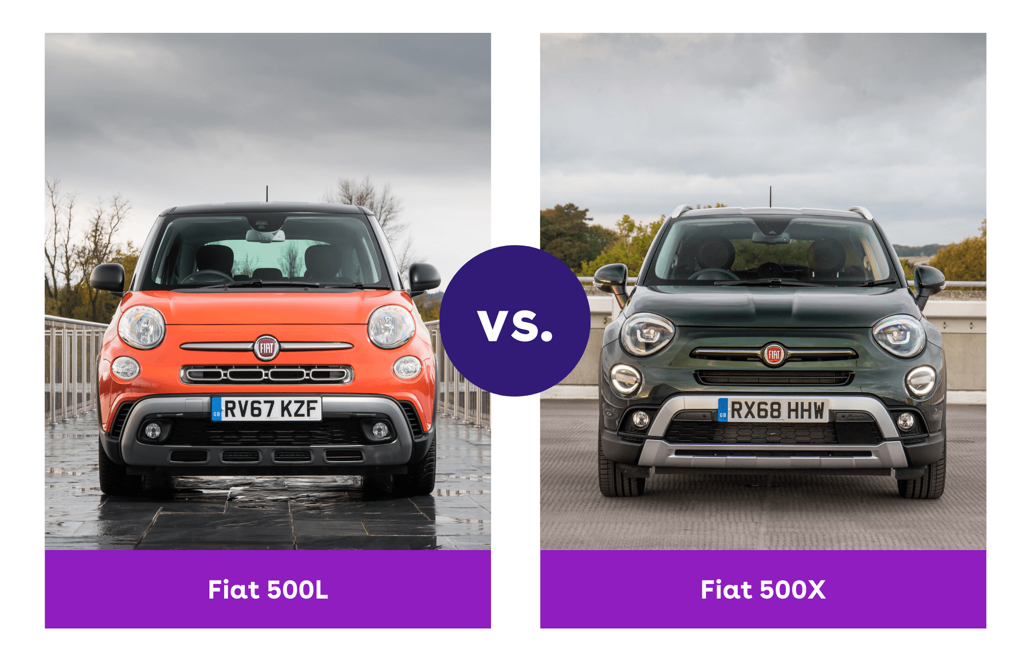 Side-by-side image of orange Fiat 500L and green Fiat 500X front