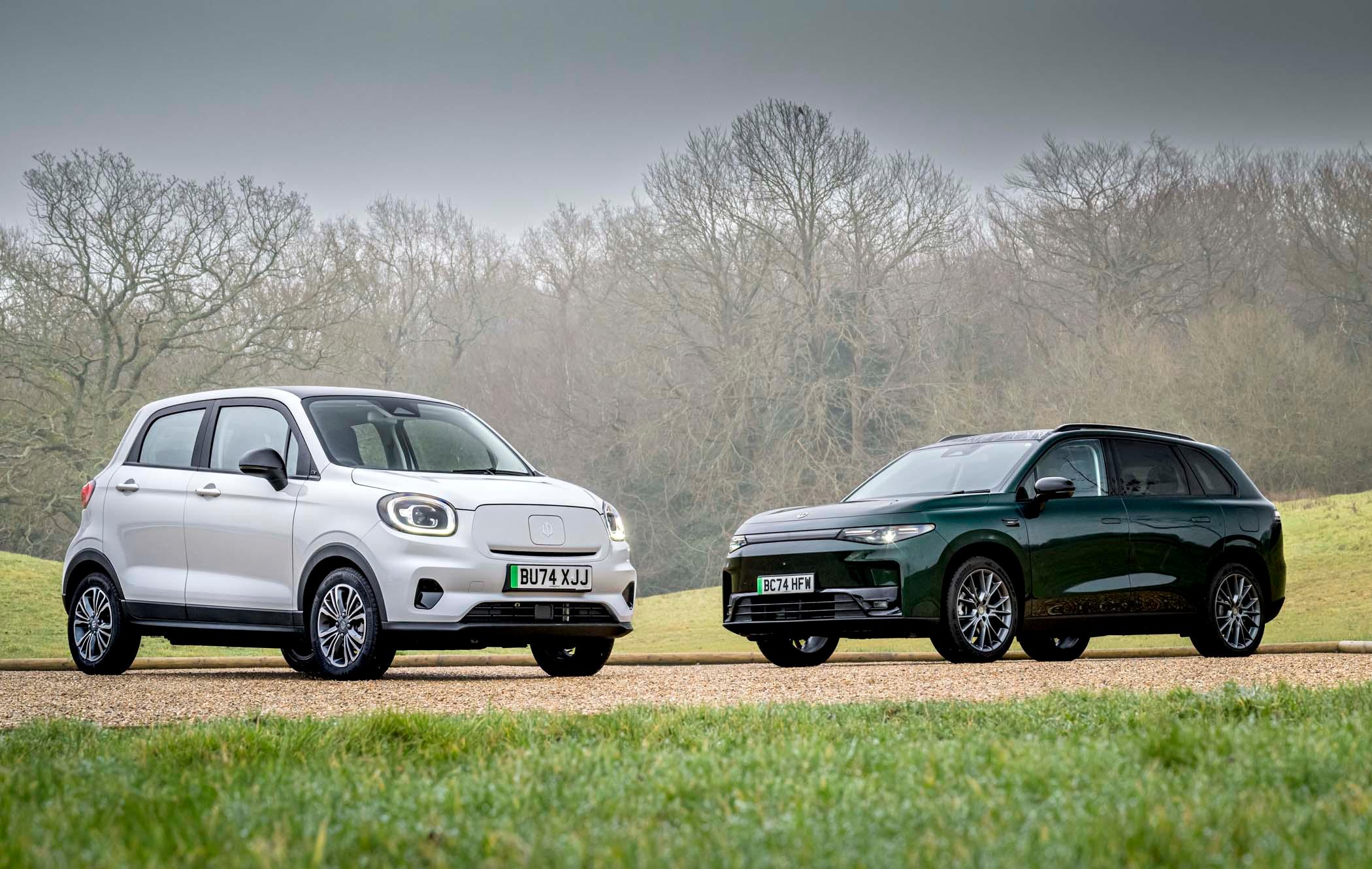 White Leapmotor T03 and green Leapmotor C10 parked on a gravel path, one white and one dark green, with a backdrop of leafless trees and a cloudy sky.