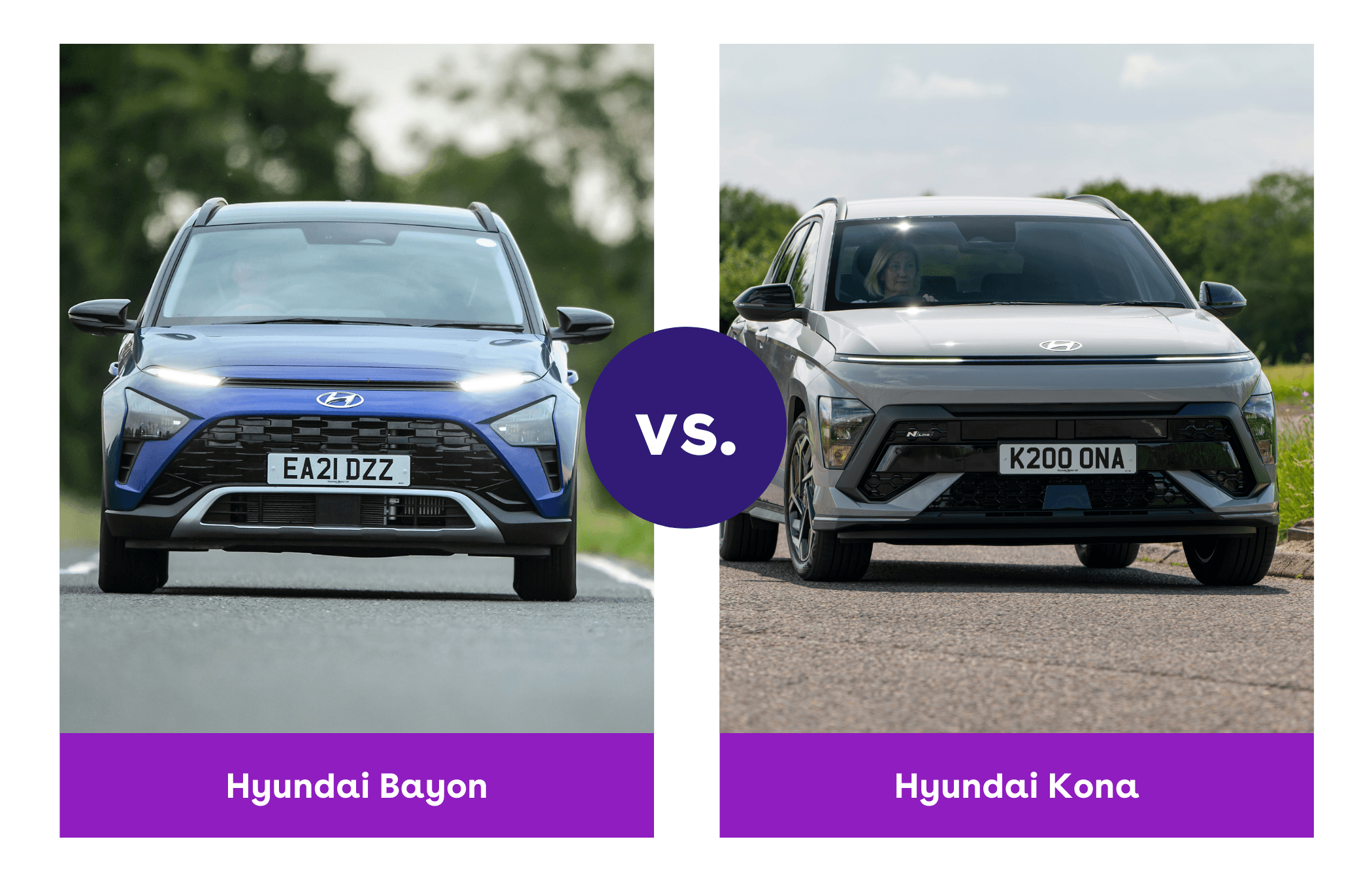 Side-by-side view of Hyundai Bayon and Hyundai Kona front