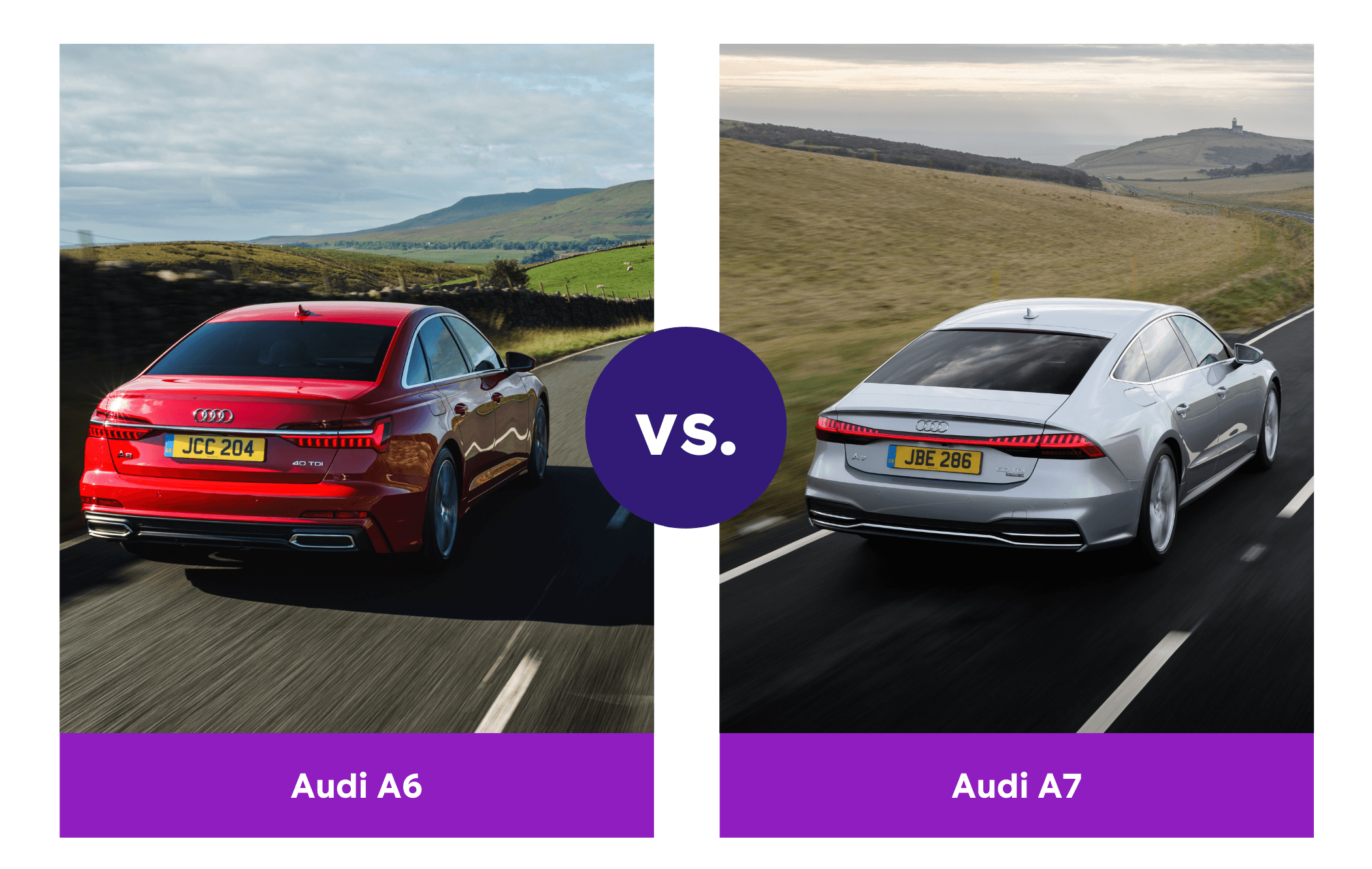 Side-by-side rear view of red Audi A6 and silver Audi A7 driving