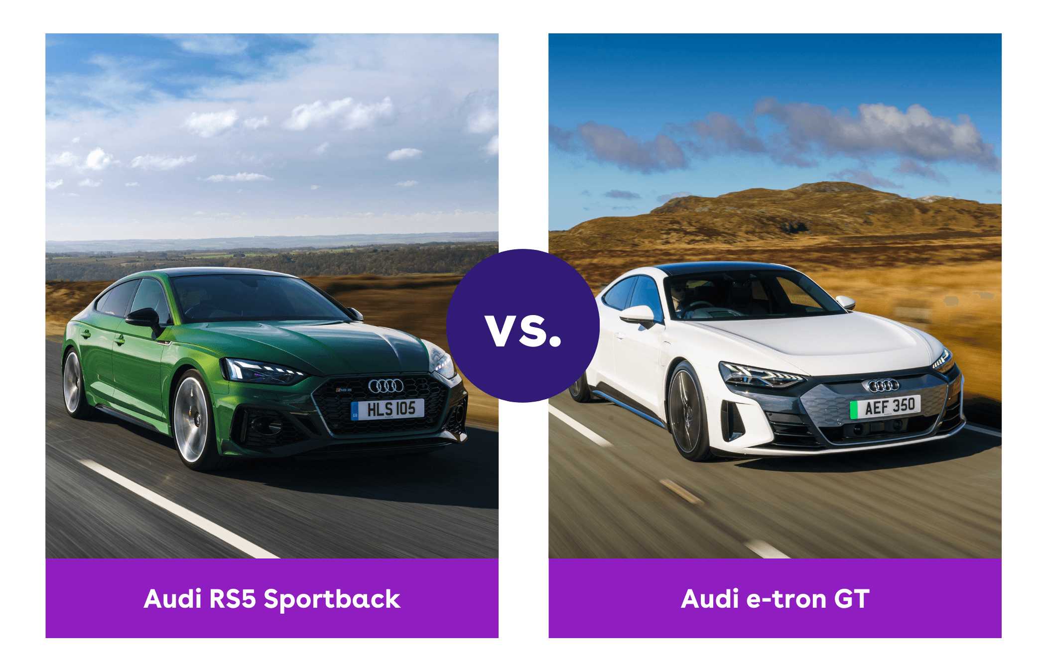 Side-by-side view of Audi RS5 Sportback and Audi e-tron GT driving