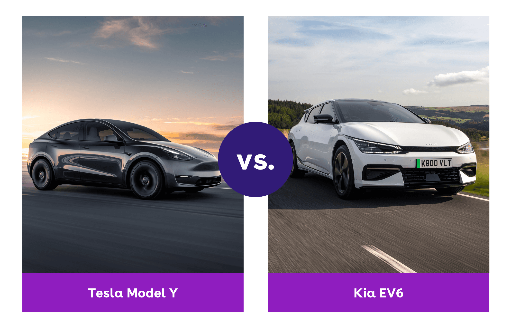 Side-by-side image of Tesla Model Y and Kia EV6 driving