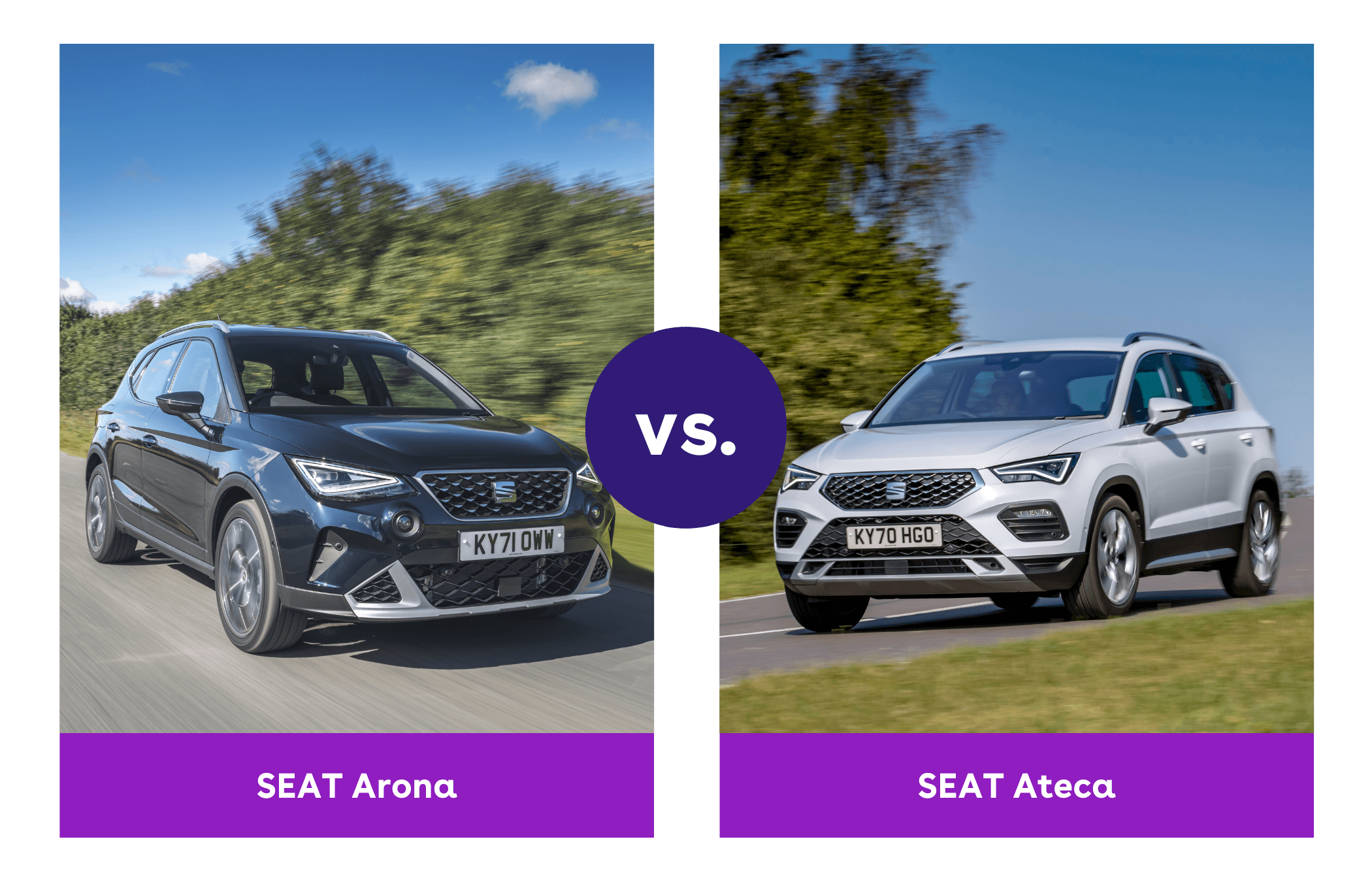 Side-by-side view of SEAT Arona and SEAT Ateca driving on country roads