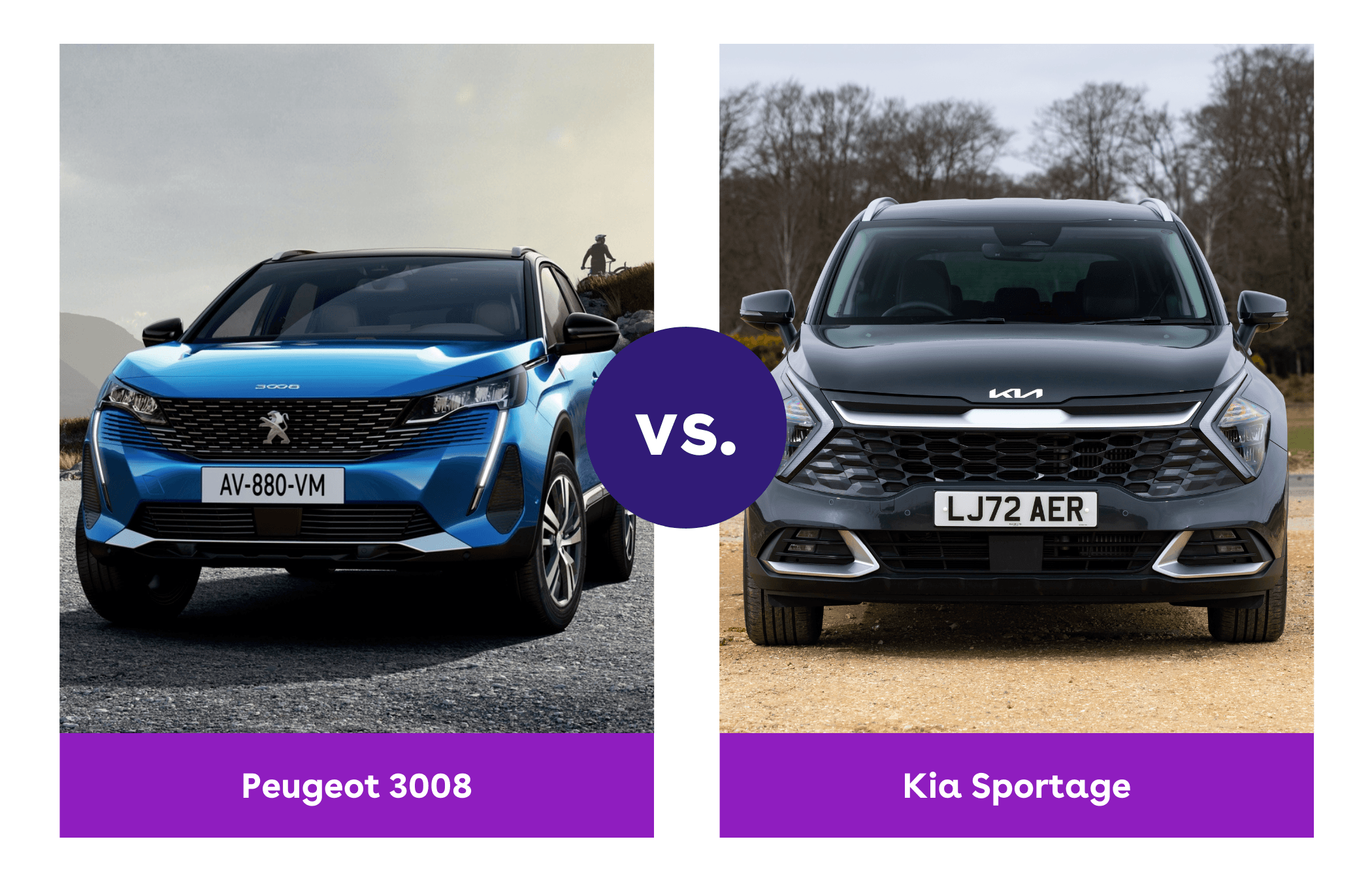 Side-by-side view of Peugeot 3008 and Kia Sportage front