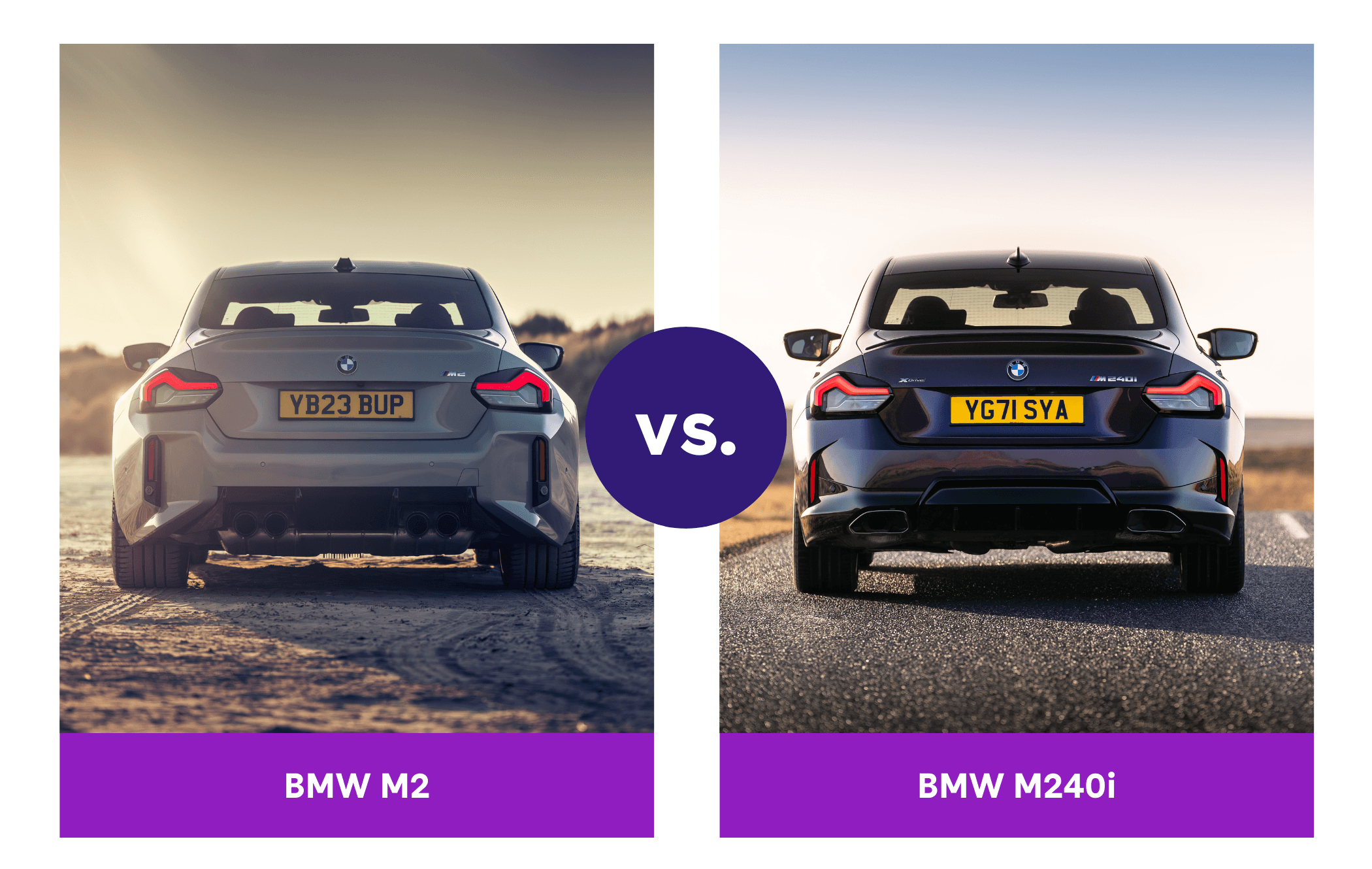 Side-by-side rear view of grey BMW M2 and purple BMW M240i