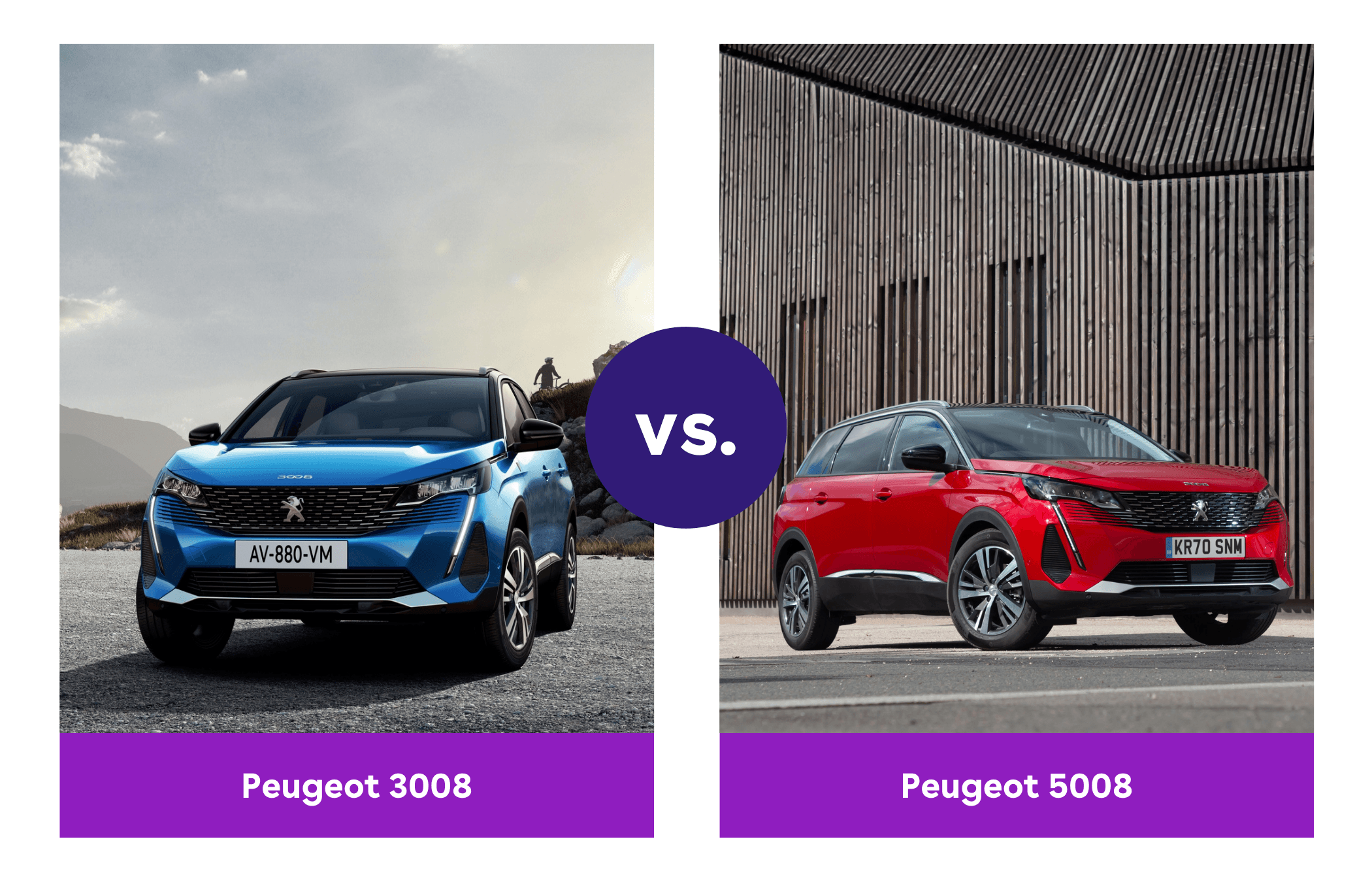 Side-by-side view of Peugeot 3008 and Peugeot 5008 front