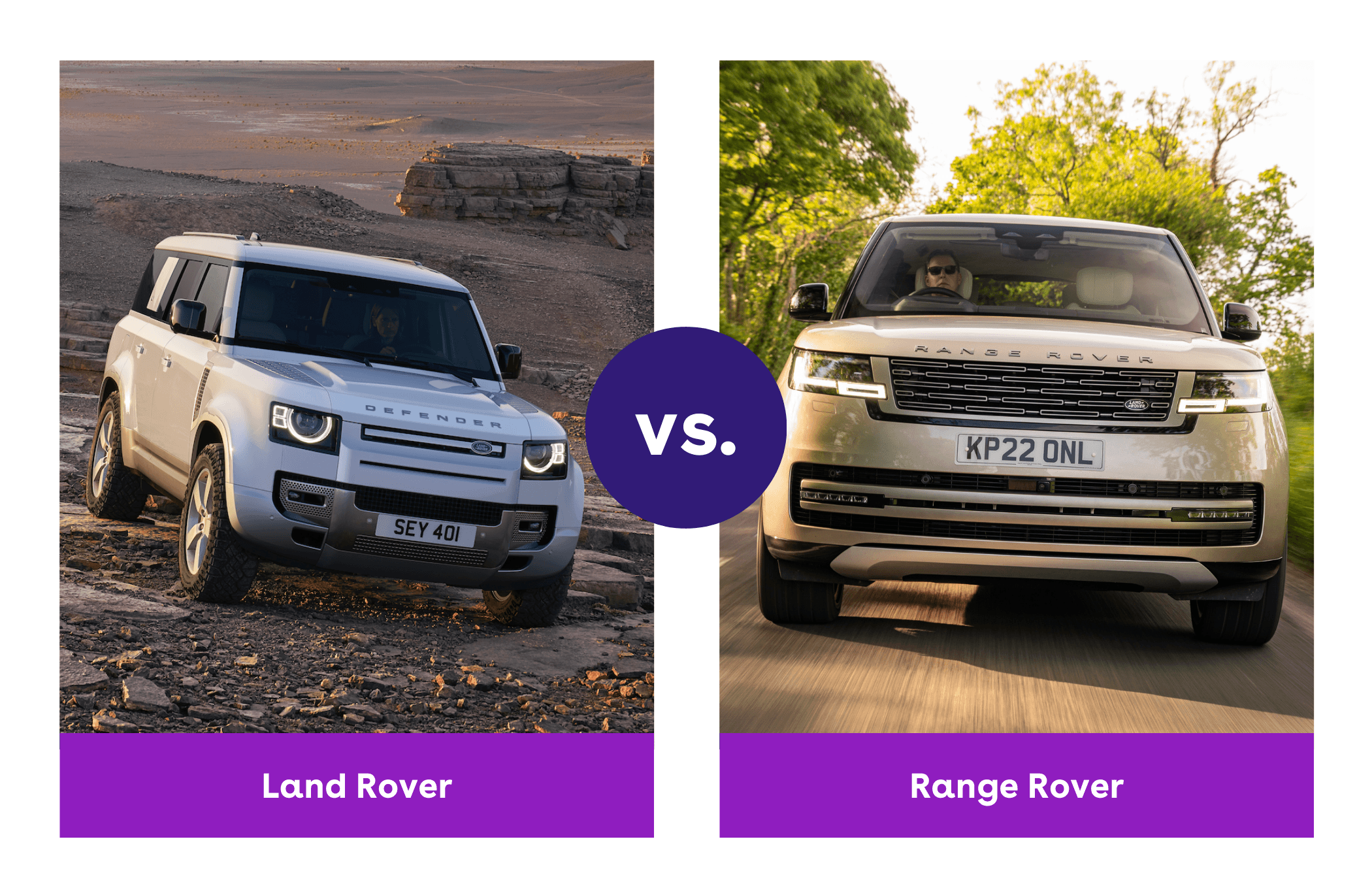 on the left is a white land rover defender off-road and on the right is a gold range rover on the road