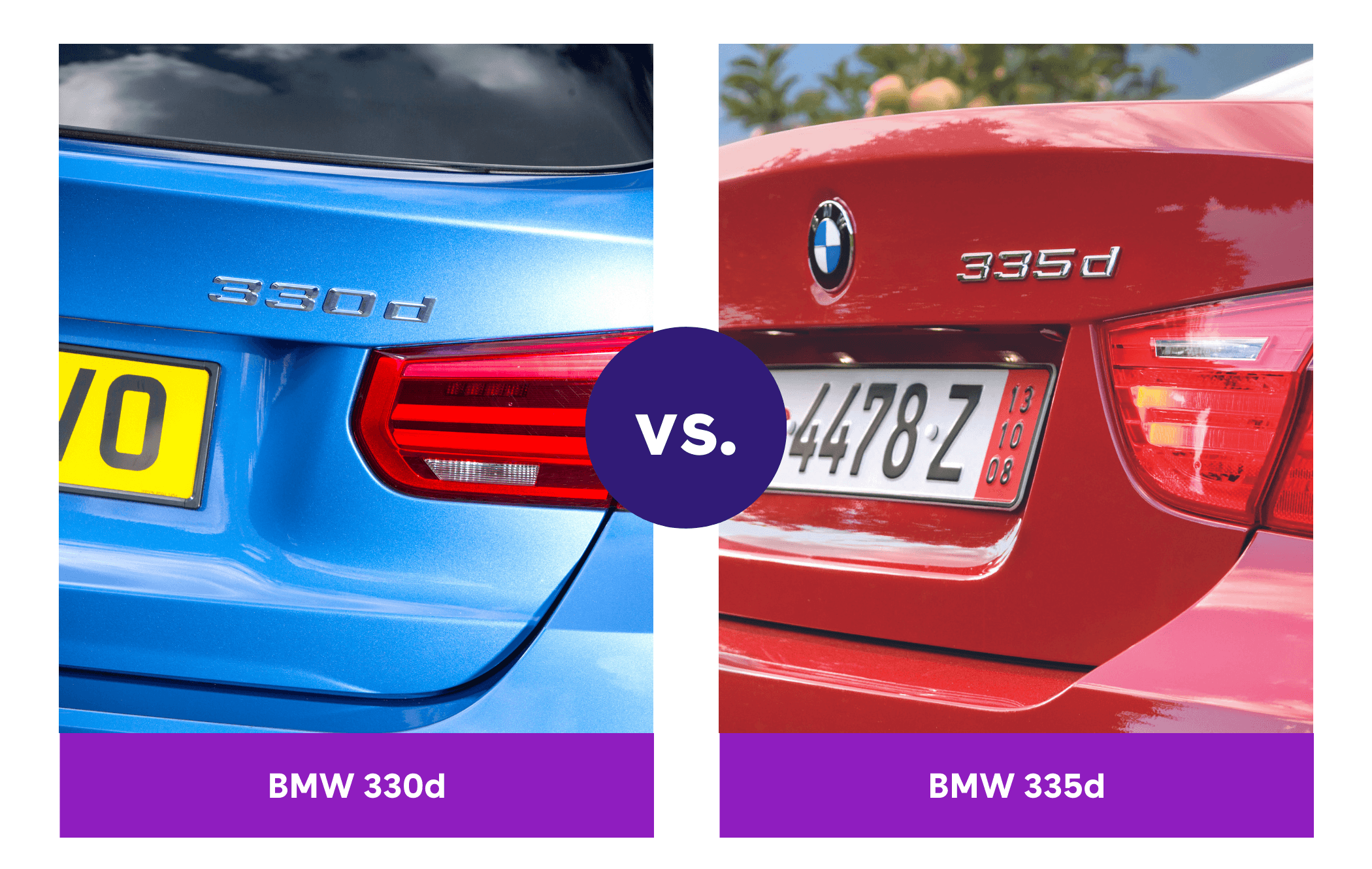 Side-by-side view of BMW 330d and BMW 335d badges