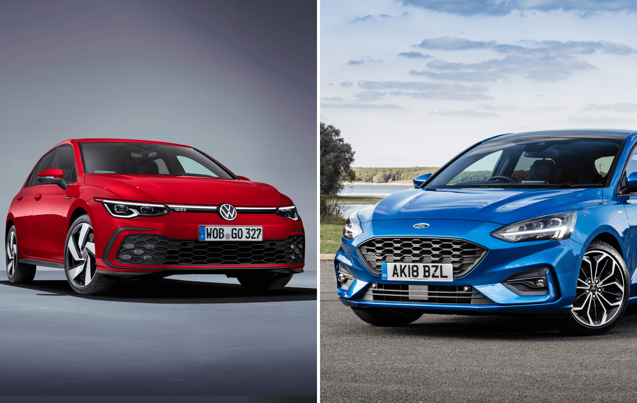 on the left is a volkswagen golf in red and the right is a blue ford focus