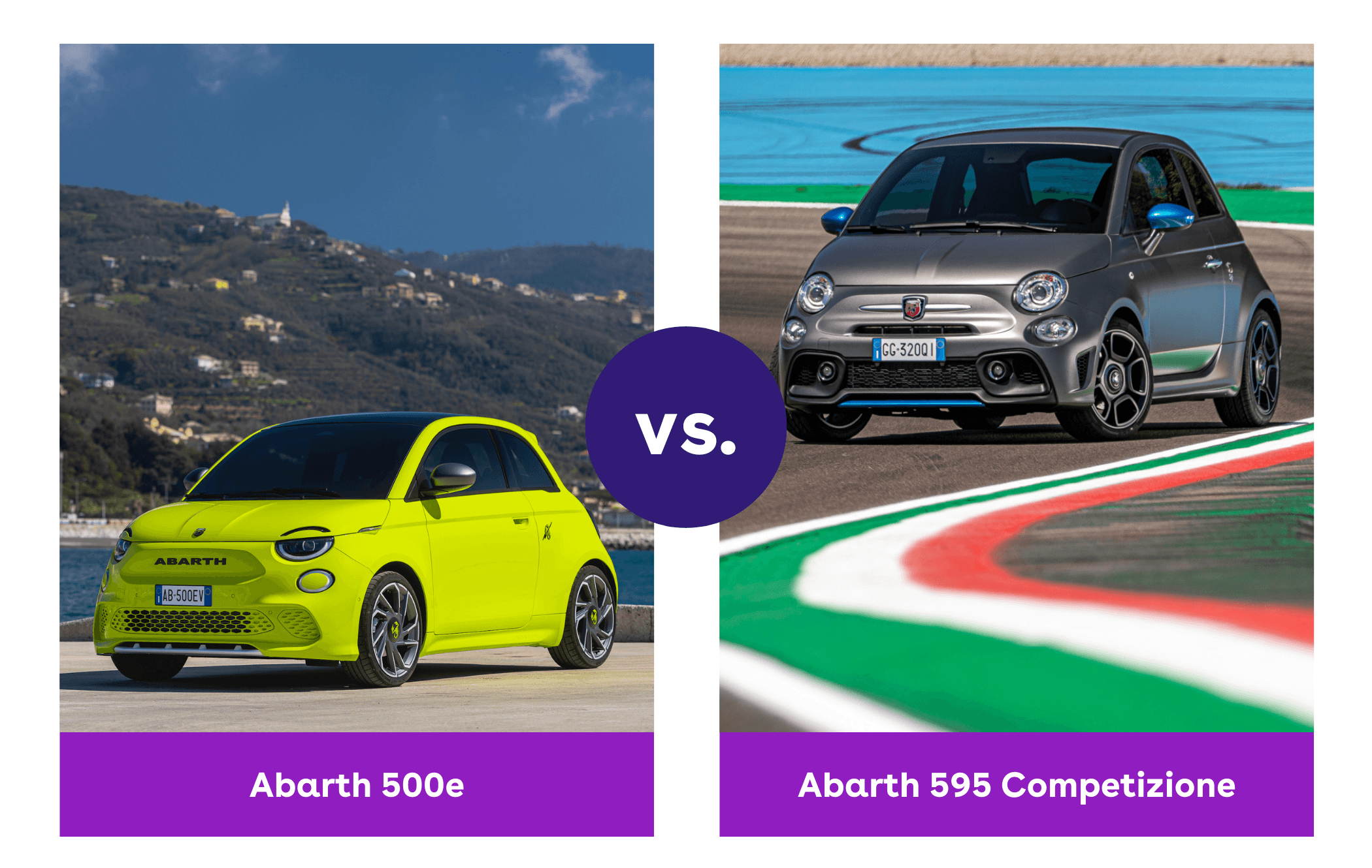 Side-by-side view of Abarth 500e and Abarth 595 front