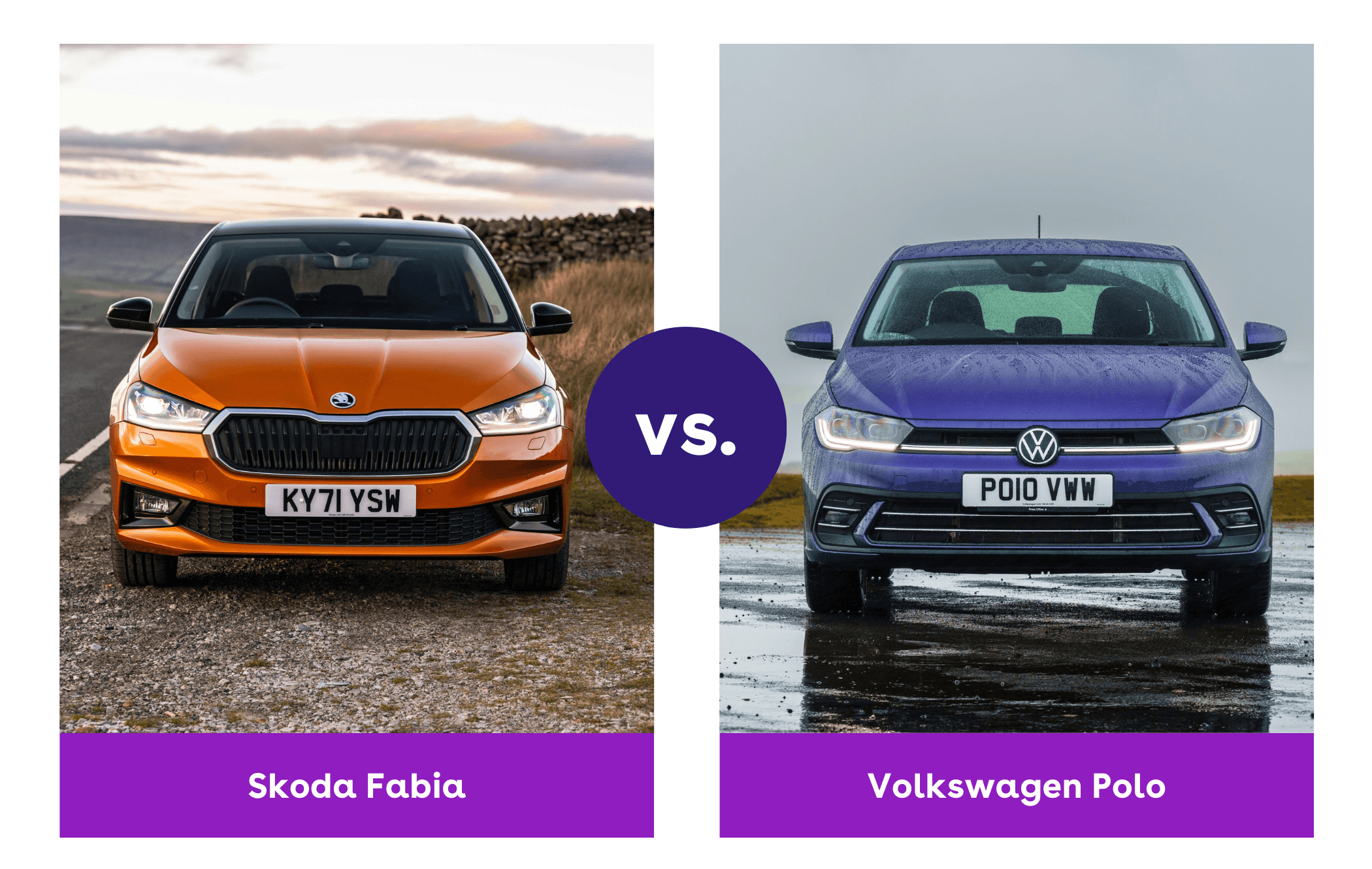 Side-by-side image of orange Skoda Fabia and purple Volkswagen Polo