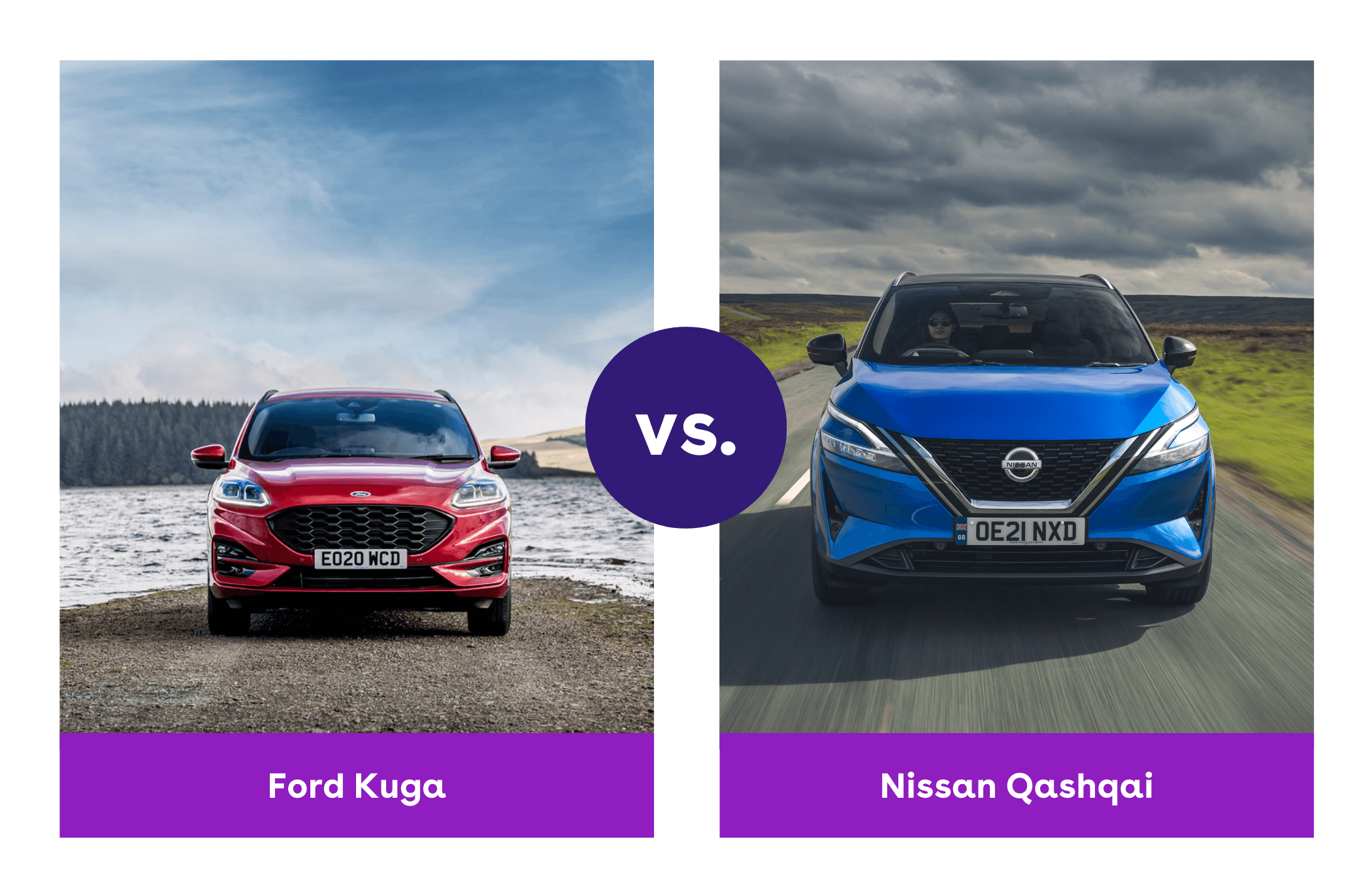 on the left is a Ford Kuga parked near a lake and on the right is a Nissan Qashqai driving on a road