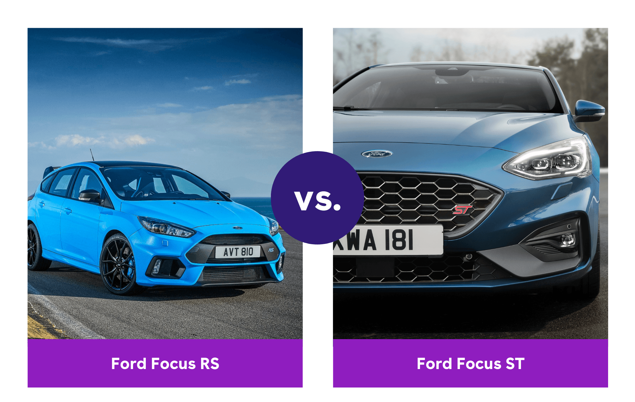 on the left is a Ford Focus RS and on the right is a Ford Focus ST, both driving on a road