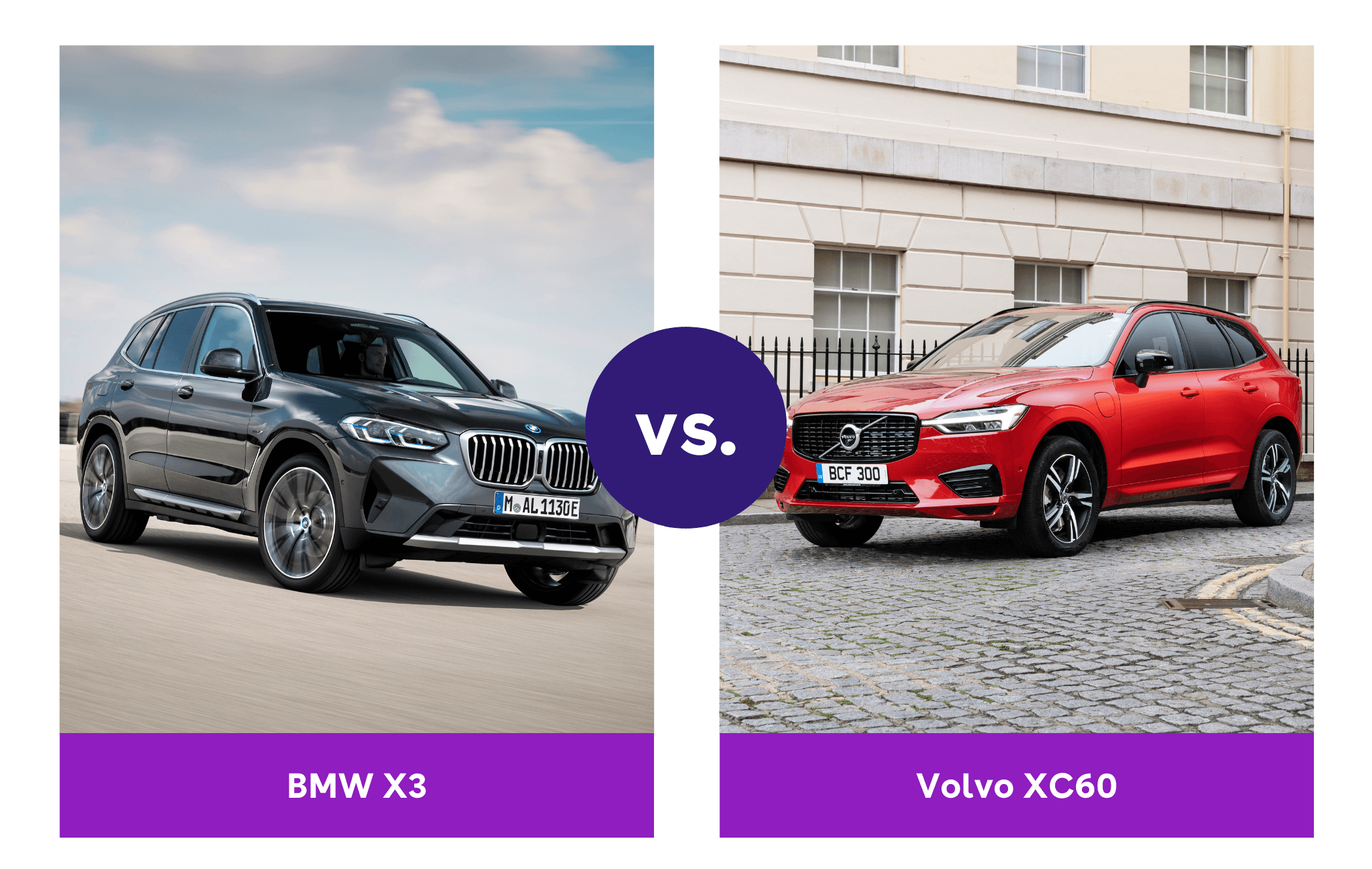 A comparison showing a black BMW X3 and a red Volvo XC60