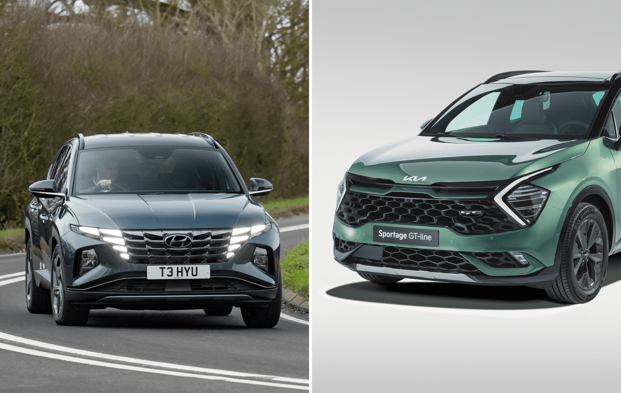 on the left is a grey hyundai tucson driving towards the camera and on the right is a green kia sportage 