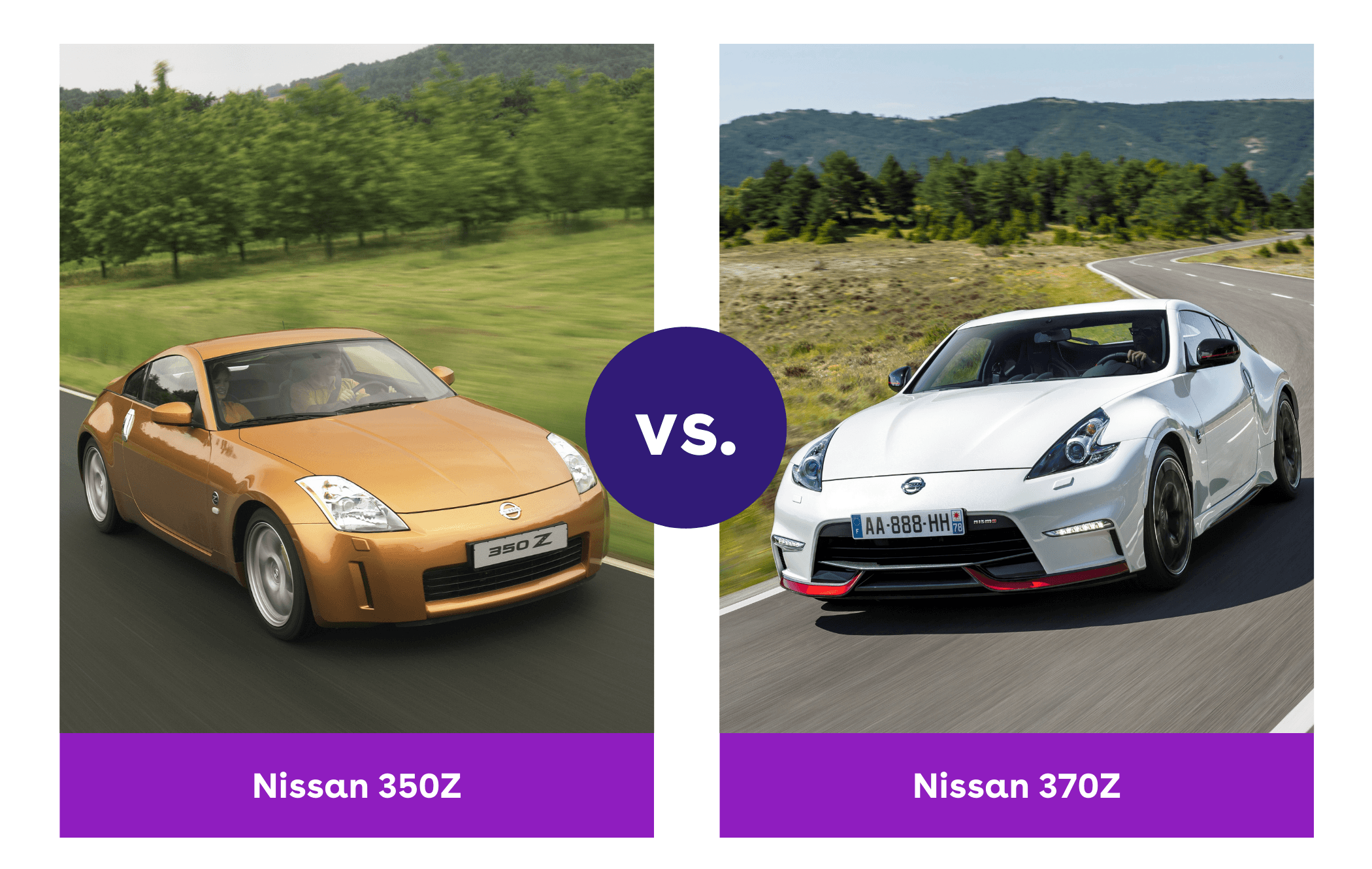 Side-by-side image of Nissan 350Z and Nissan 370Z driving