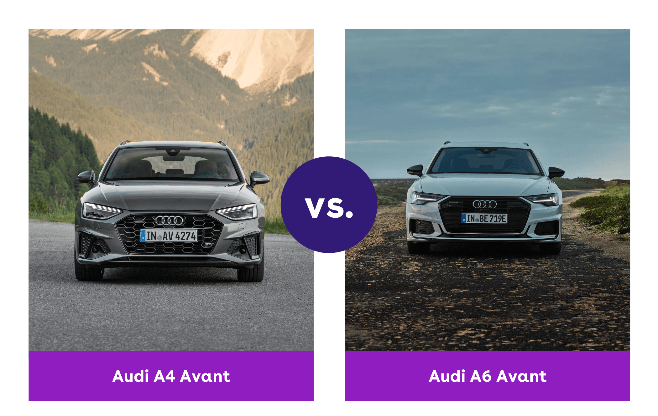 on the left is a grey audi a4 avant and on the right is a white audi a6 avant