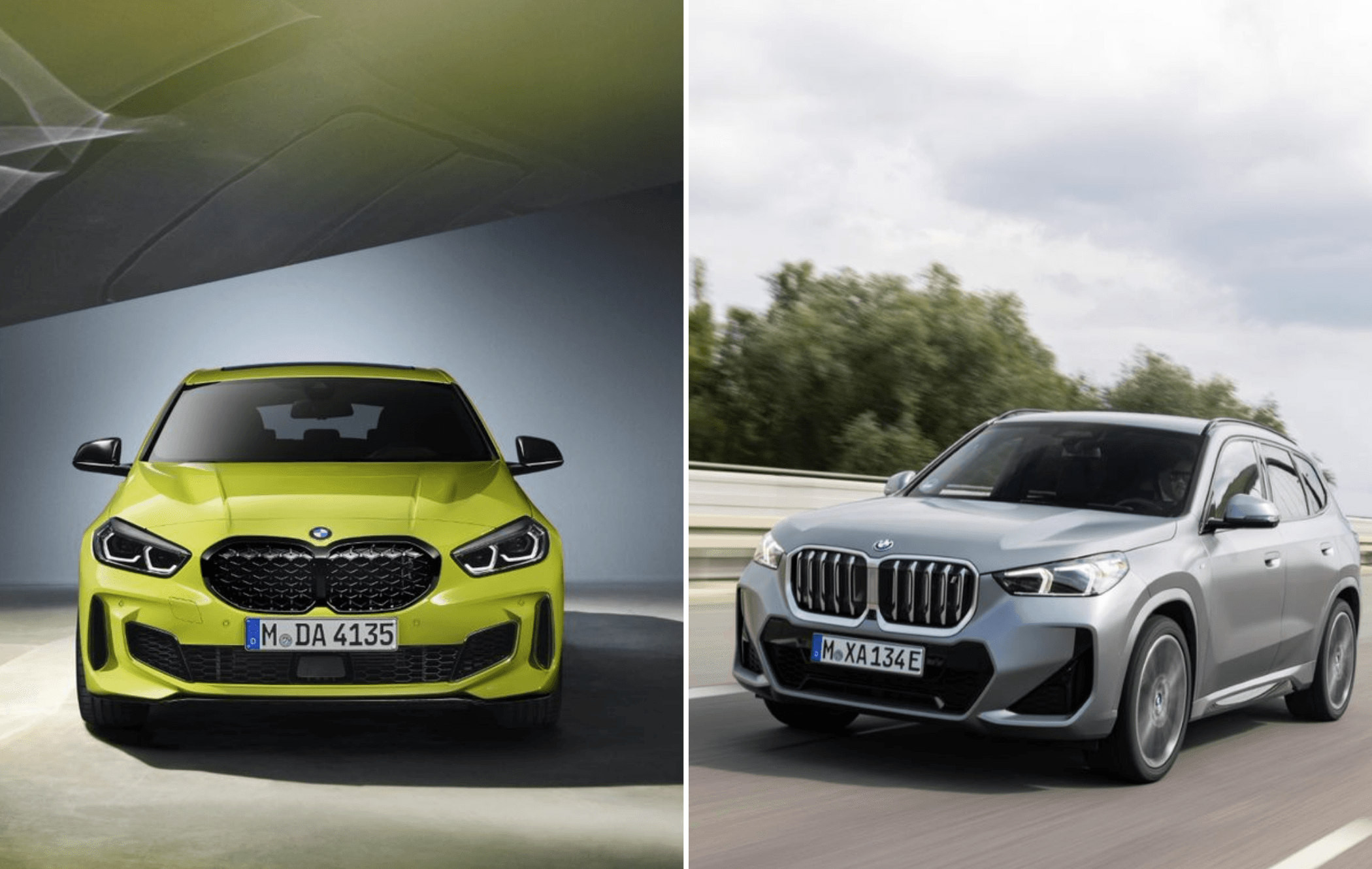 A yellow BMW 1 Series and grey BMW X1