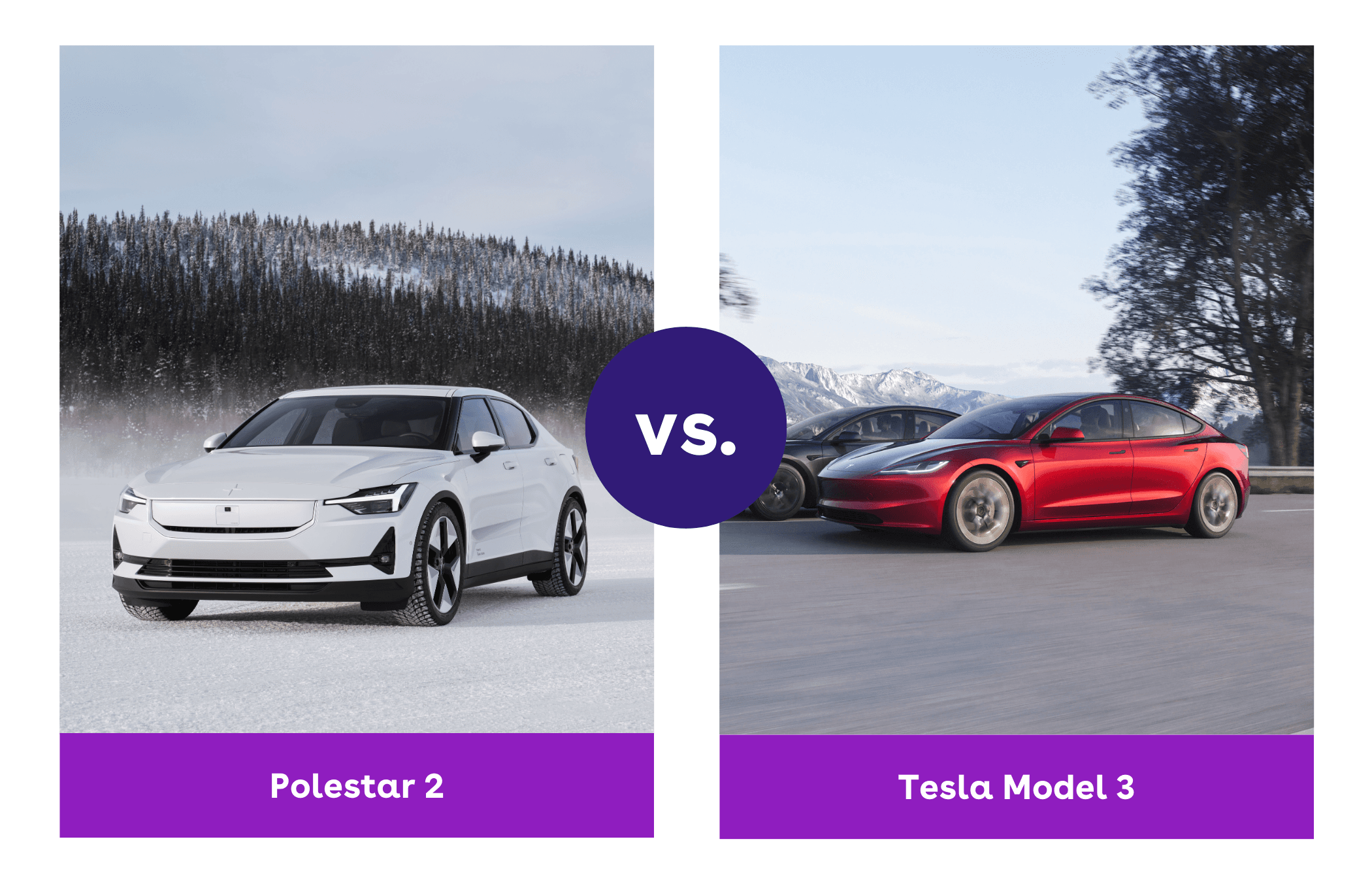 A white Polestar 2 compared to a red Tesla Model 3