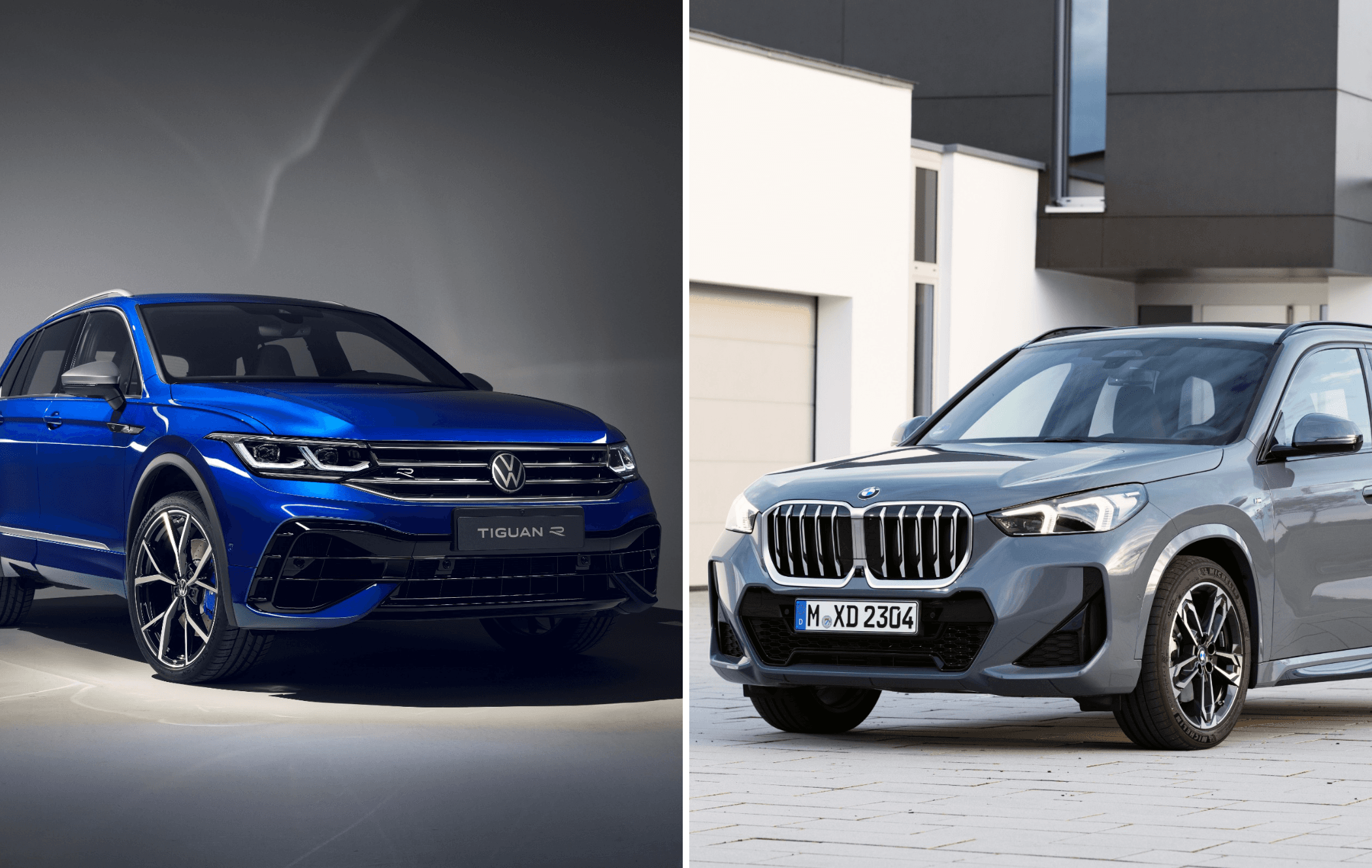 on the left is a blue Volkswagen Tiguan R and on the right is a grey BMW X1