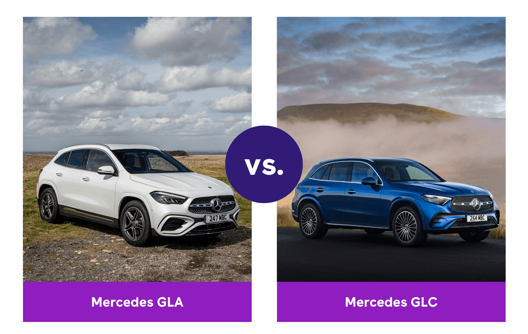 Side-by-side view of Mercedes GLA and Mercedes GLC front three quarters