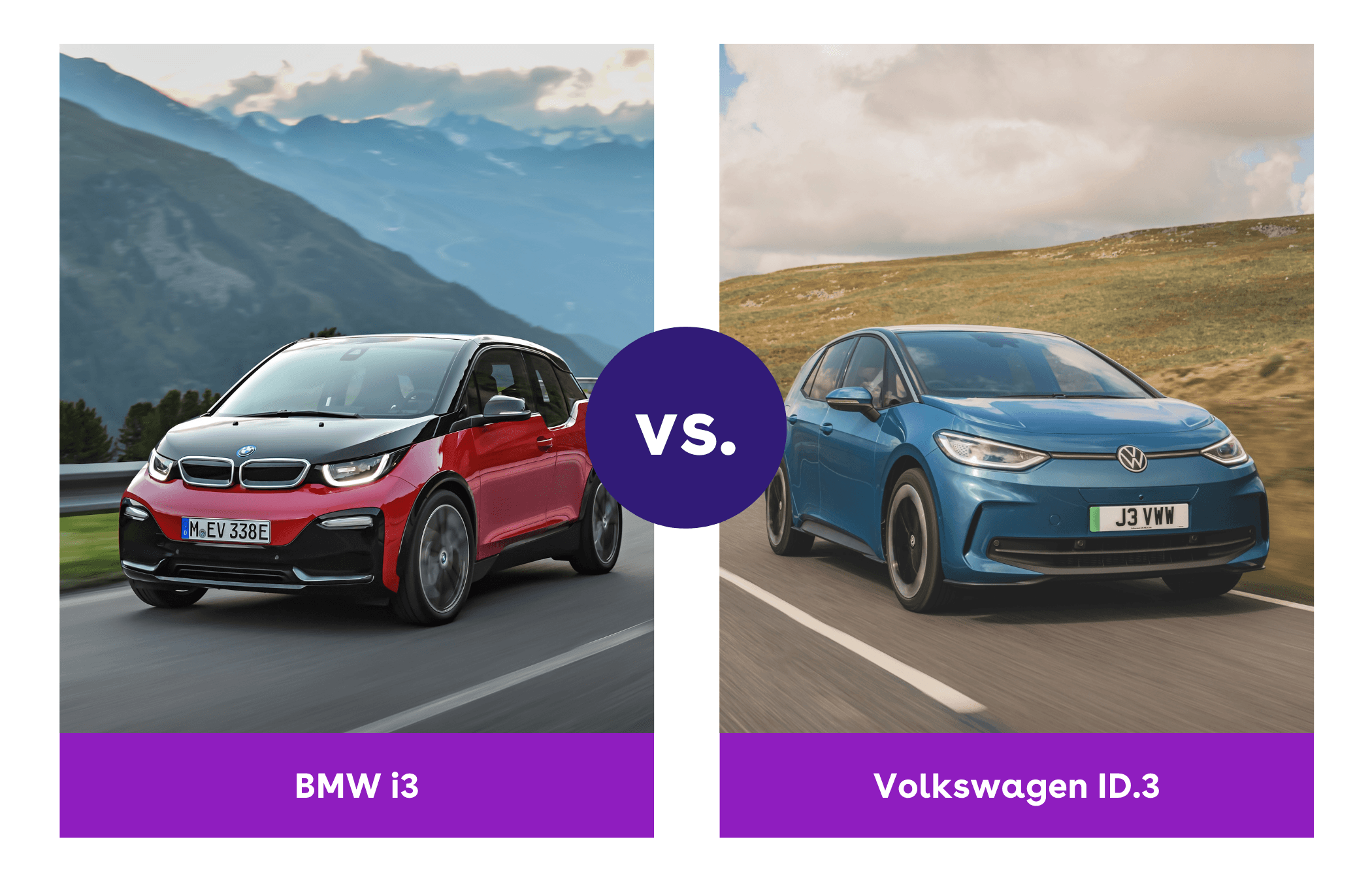 Side-by-side view of red and black BMW i3 and blue Volkswagen ID.3