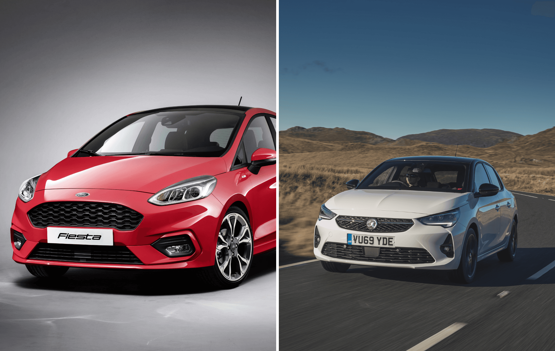 on the left is a red ford fiesta facing the camera and on the right is a white vauxhall corsa driving towards the camera on a mountain road