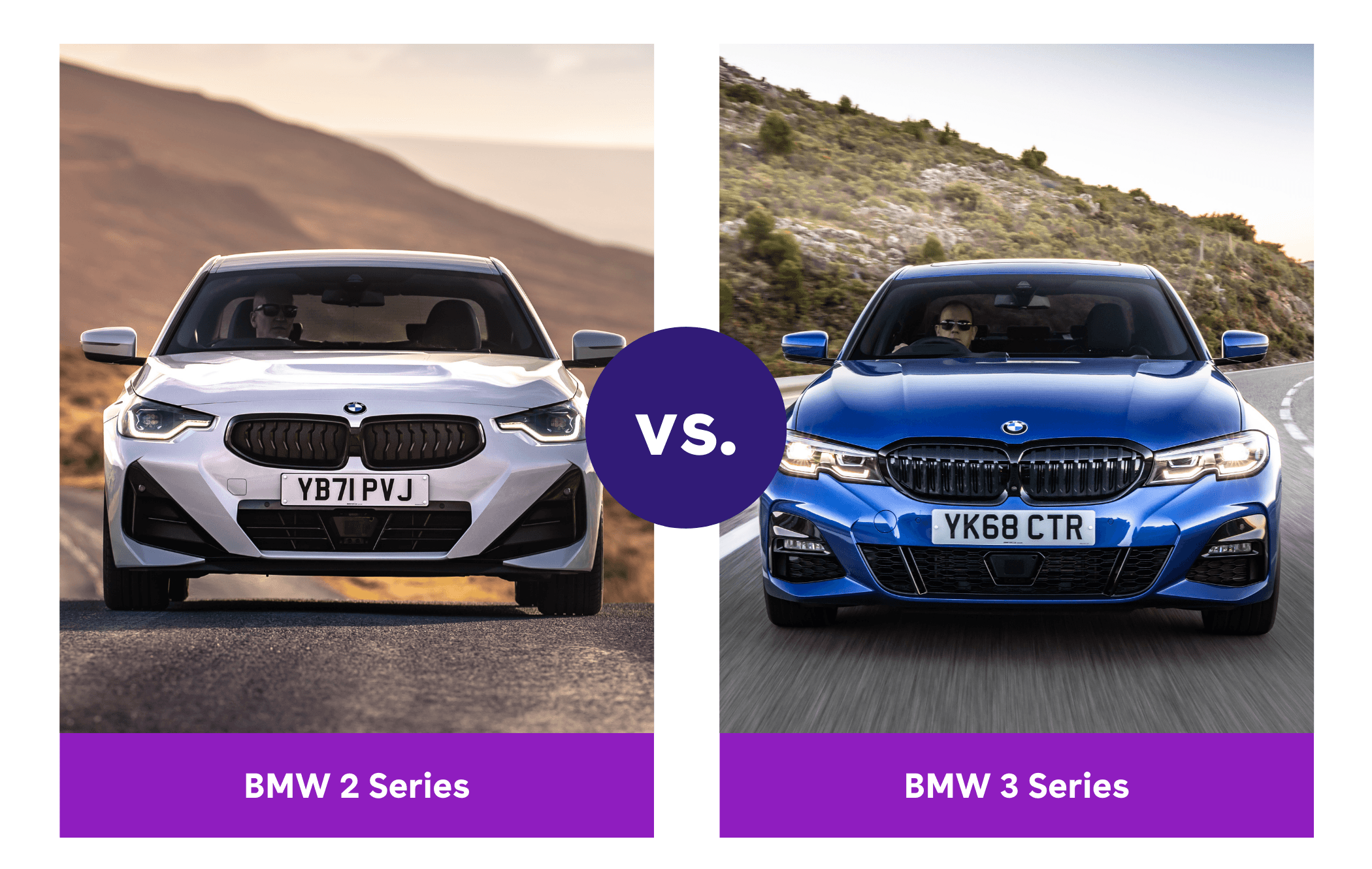 Side-by-side view of white BMW 2 Series and blue BMW 3 Series