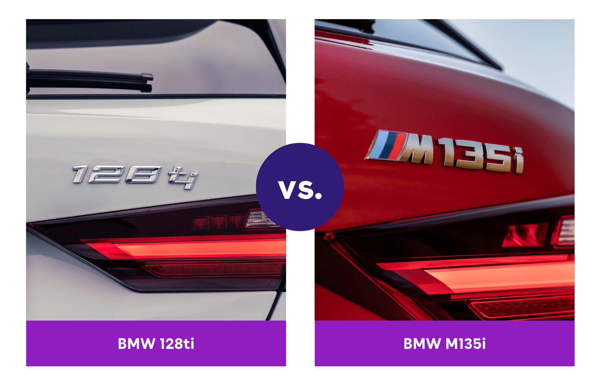 Side-by-side view of BMW 128ti and BMW M135i badges